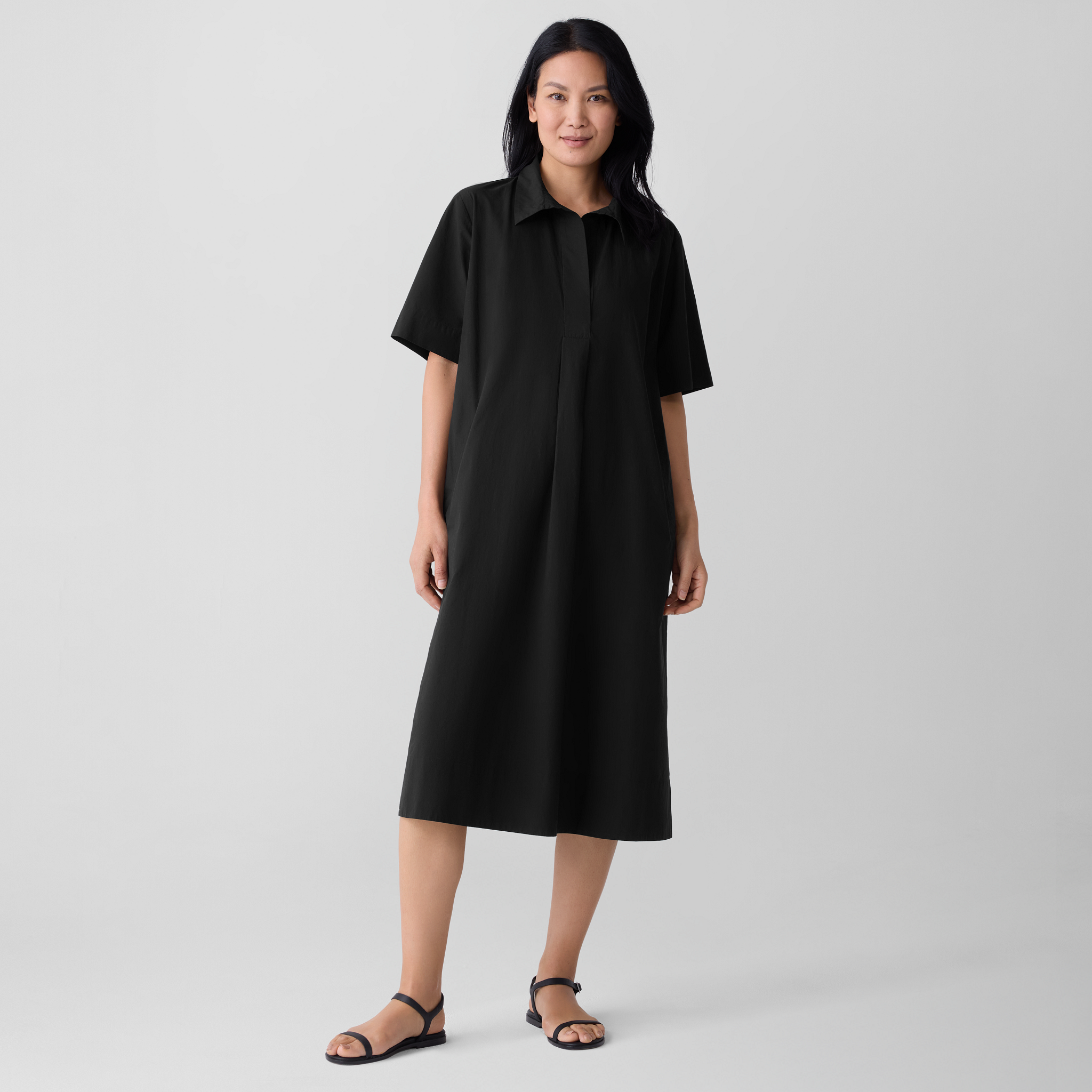 Washed Organic Cotton Poplin Split Neck Dress from EILEEN FISHER - $159.20
