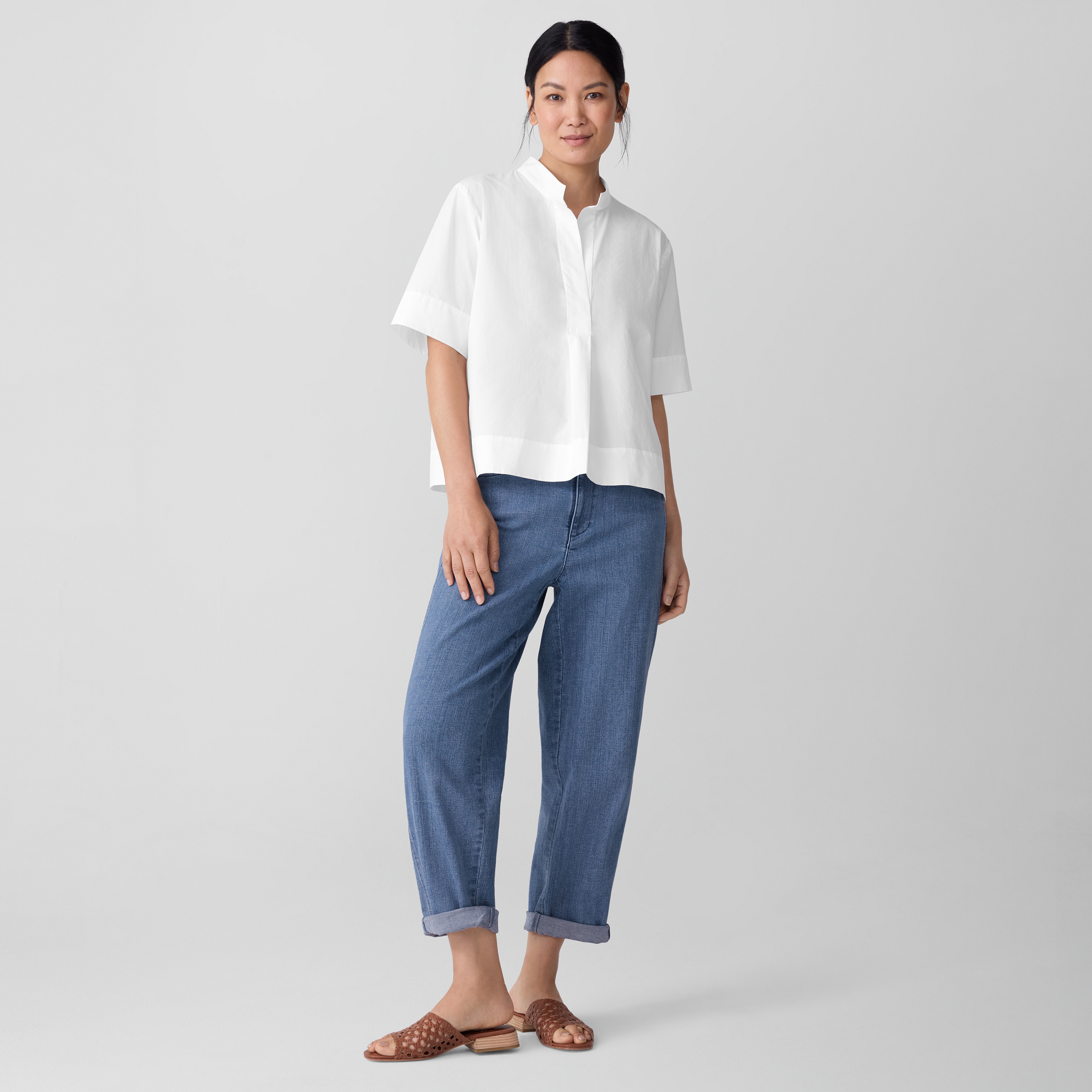 Washed Organic Cotton Poplin Split Neck Top | EILEEN FISHER
