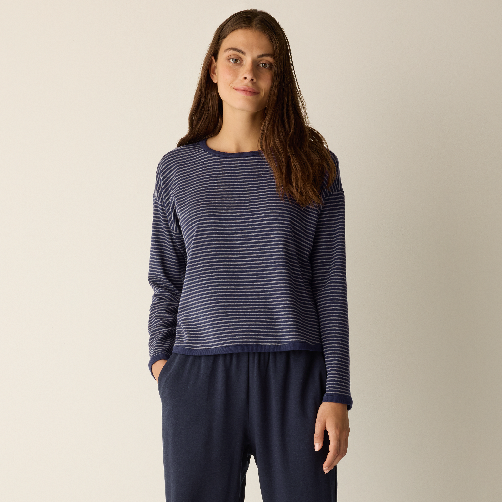 (取寄) アイリーン フィッシャー レディース ストライプド コージー ブラッシュ テリー クルー ネック トップ Eileen Fisher women Striped Cozy Brushed Terry Crew Neck Top Dark Pearl F5FYY-T6241M-401.png