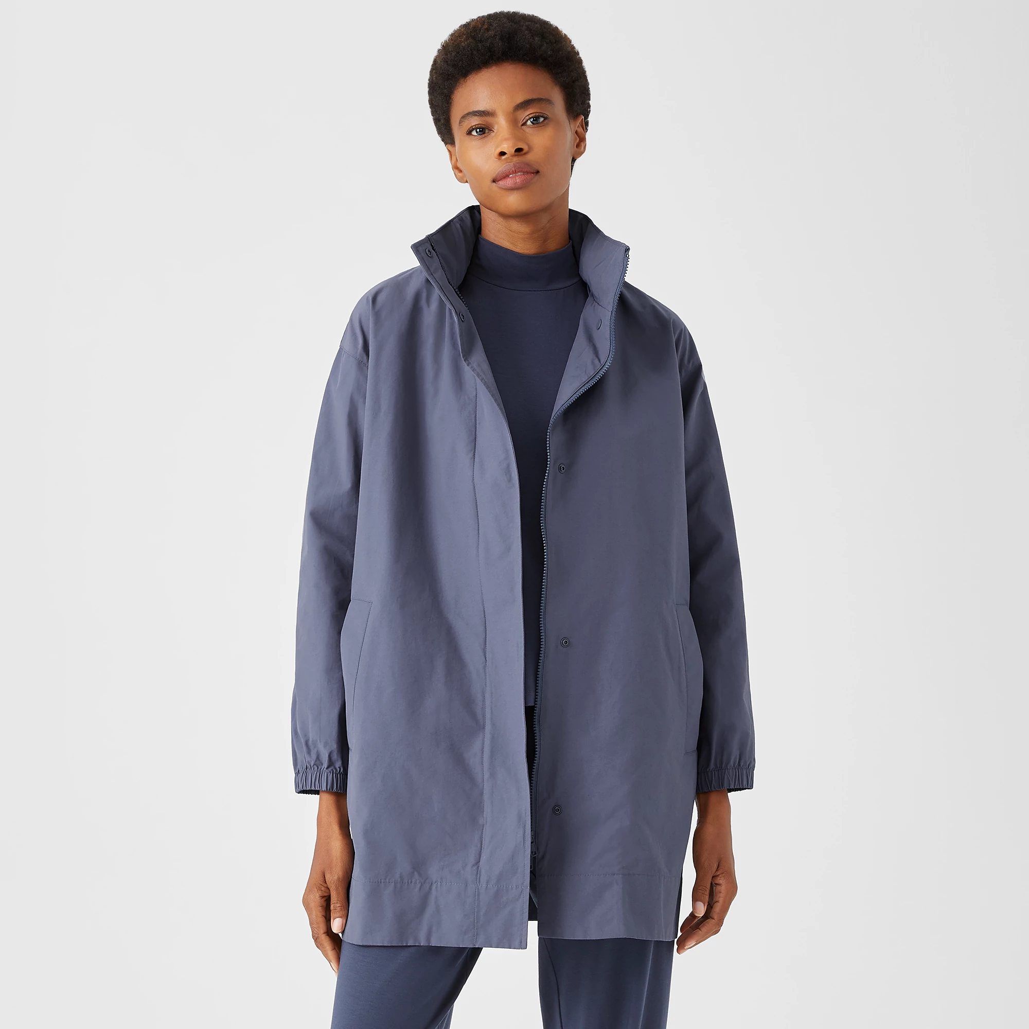 Light Cotton Nylon Stand Collar Long Coat EILEEN FISHER