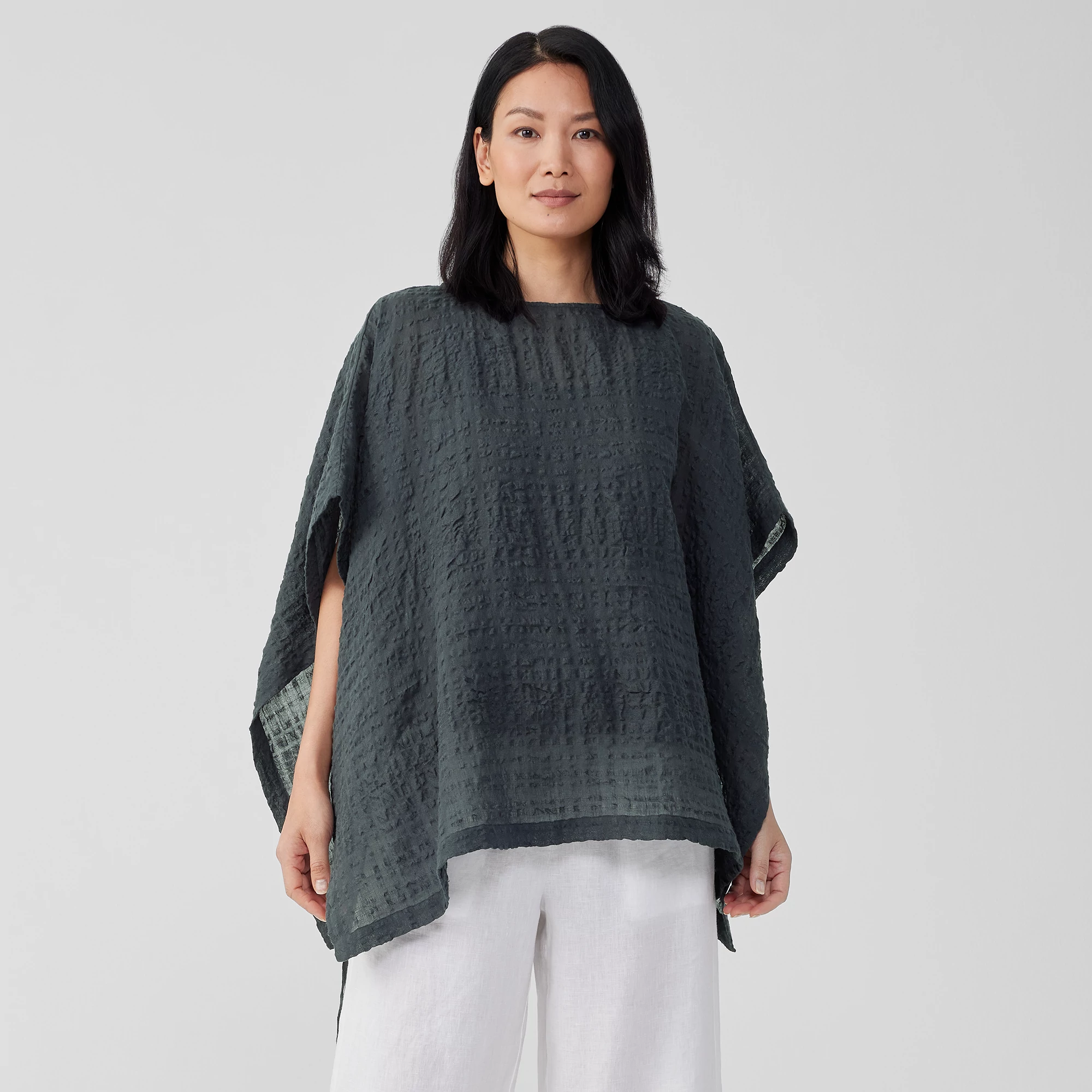 Linen Cotton Sheer Check Poncho | EILEEN FISHER