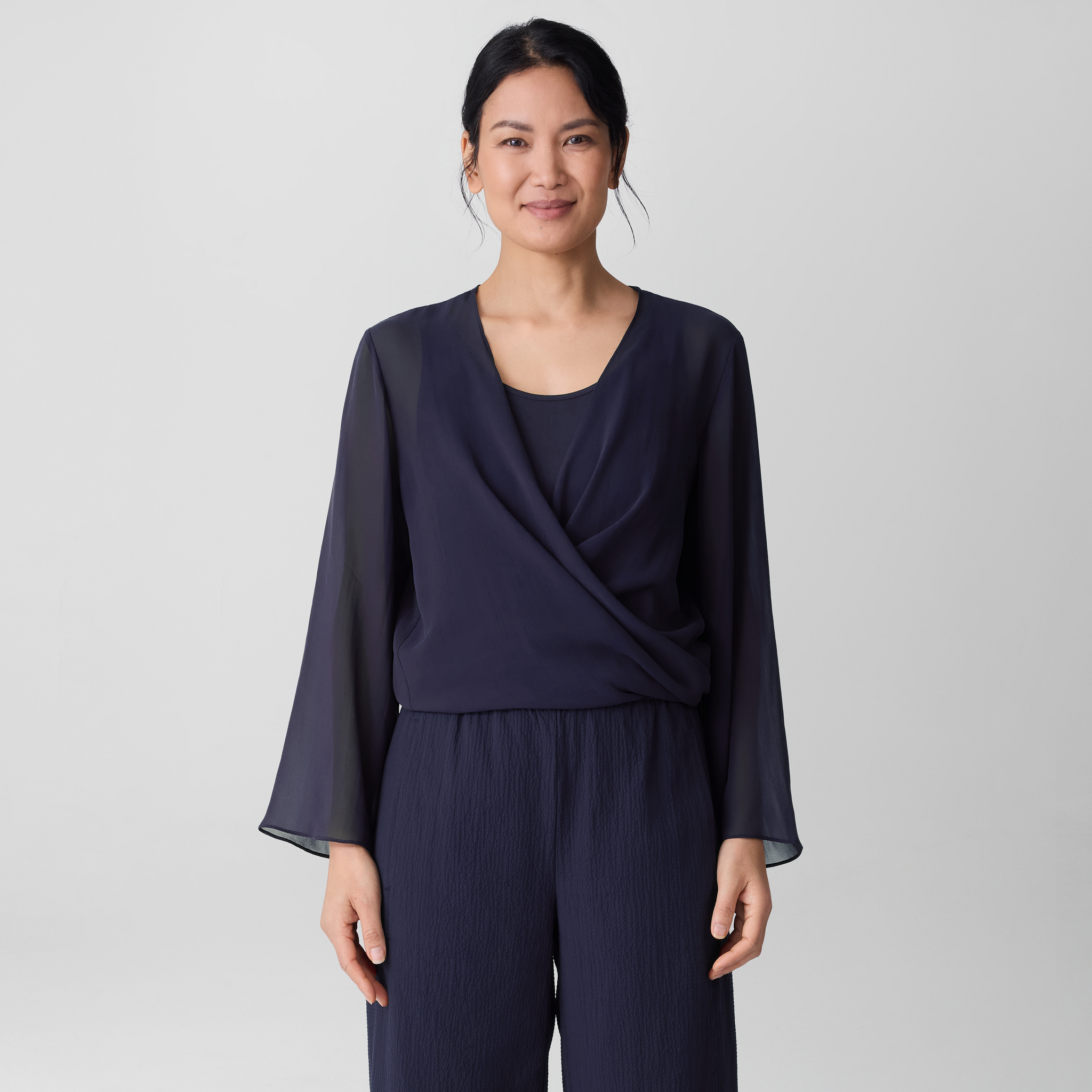 【frey】完売品！ALWAYS SWEAT/Navy Sheer Silk Georgette Tie Jacket | EILEEN FISHER
