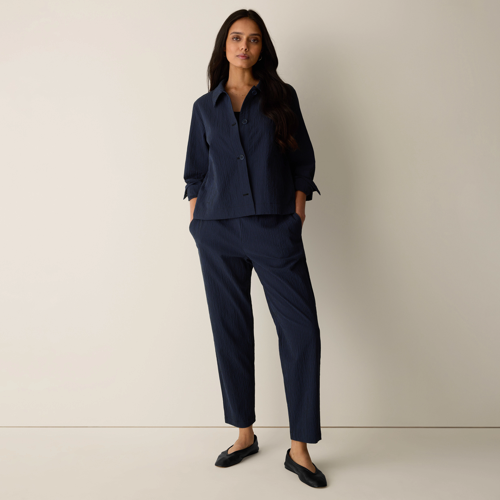 Organic Cotton Pucker Check Tapered Pant from EILEEN FISHER - $188