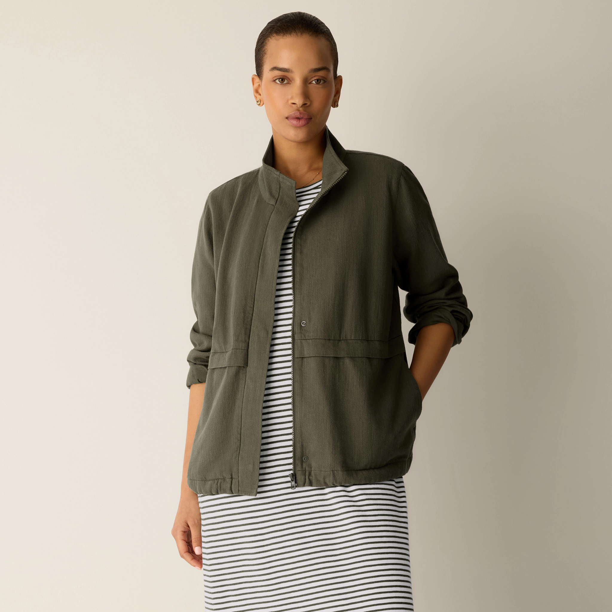 Slubby Organic Cotton Linen High Collar Jacket from EILEEN FISHER - $248