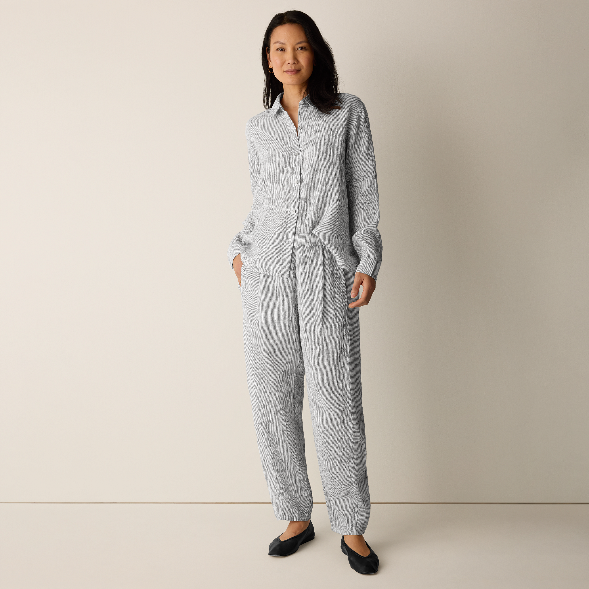 Puckered Organic Linen Stripe Lantern Pant from EILEEN FISHER - $188