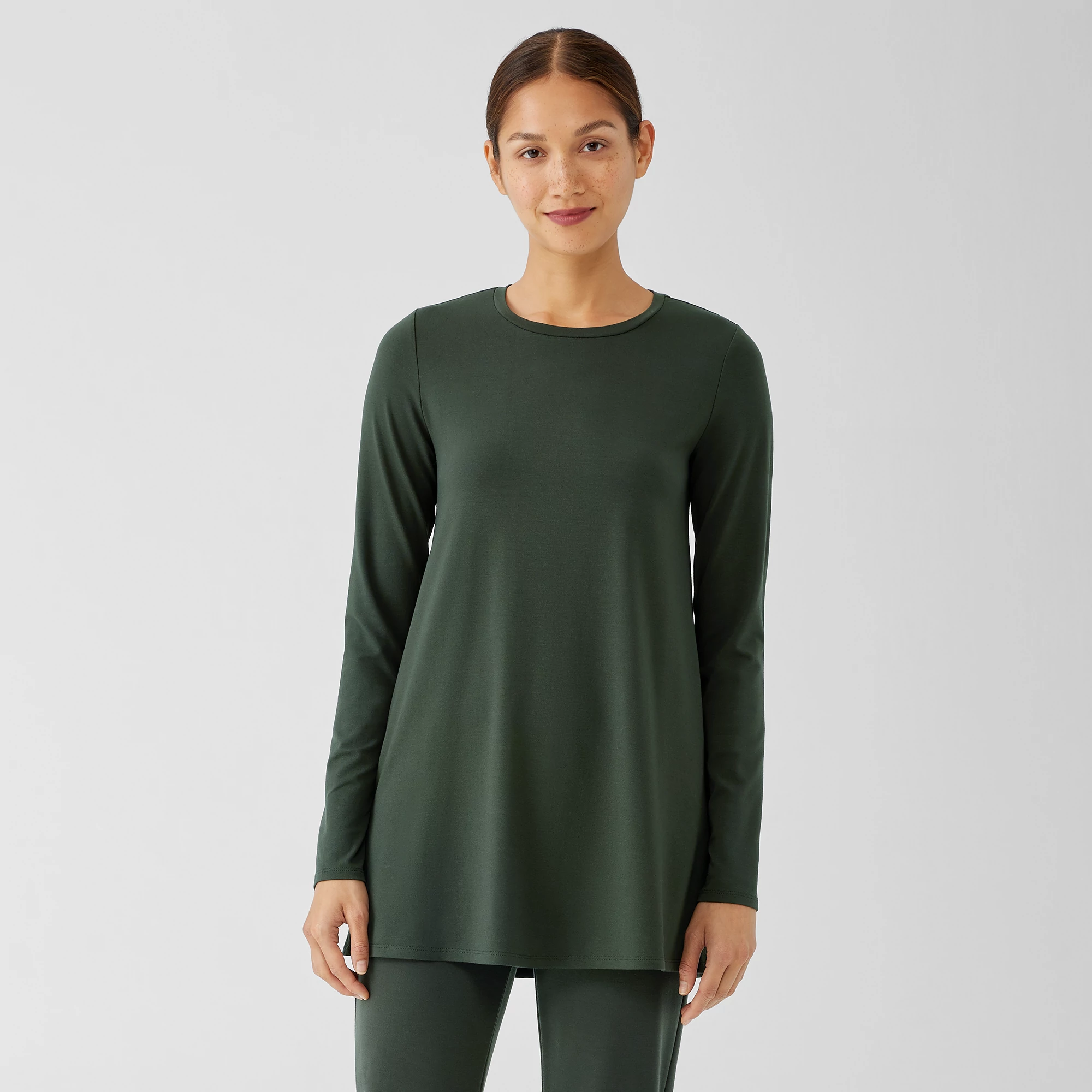 Stretch Jersey Knit Crew Neck Long Top EILEEN FISHER