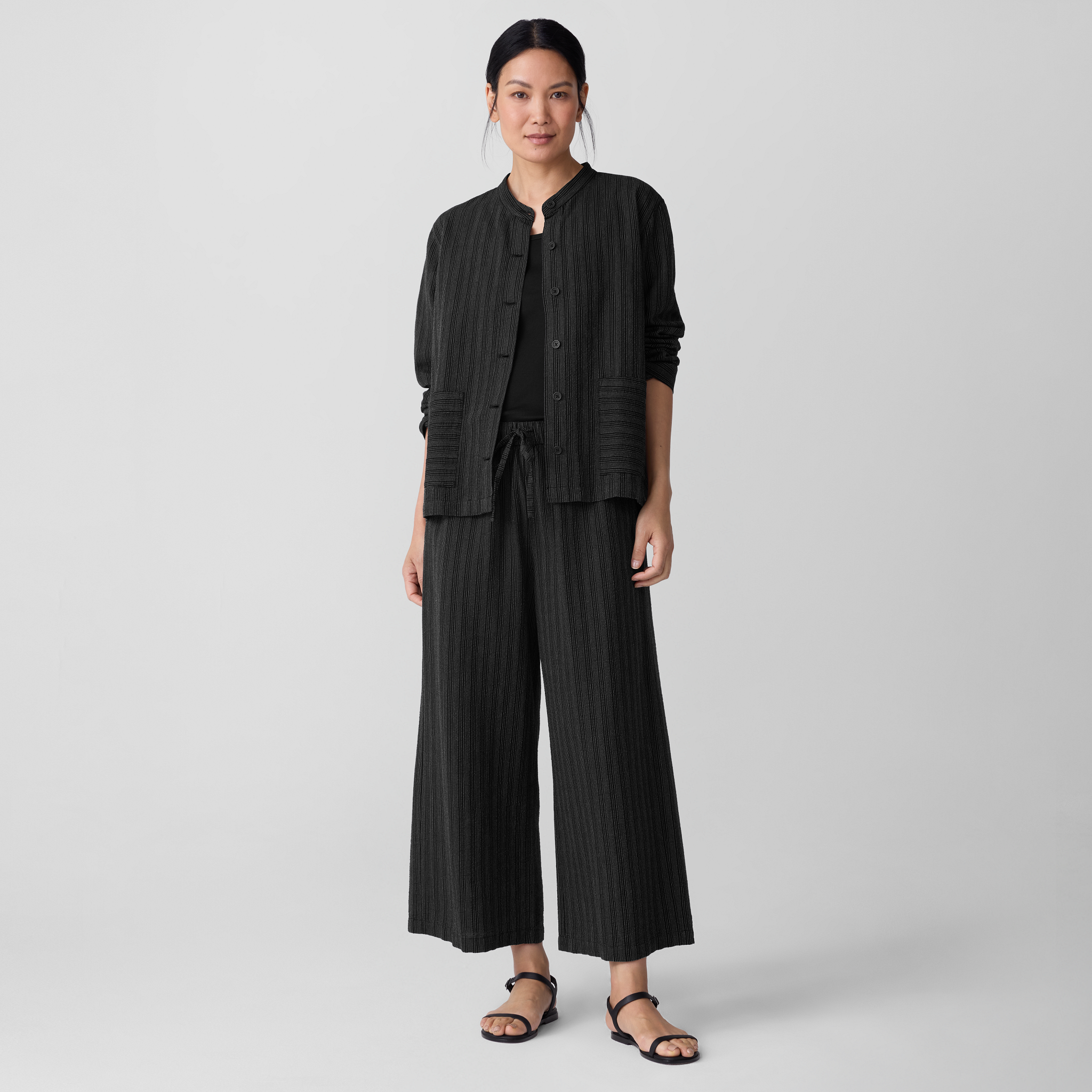 Cotton Blend Stripe Stitch Wide-Leg Pant