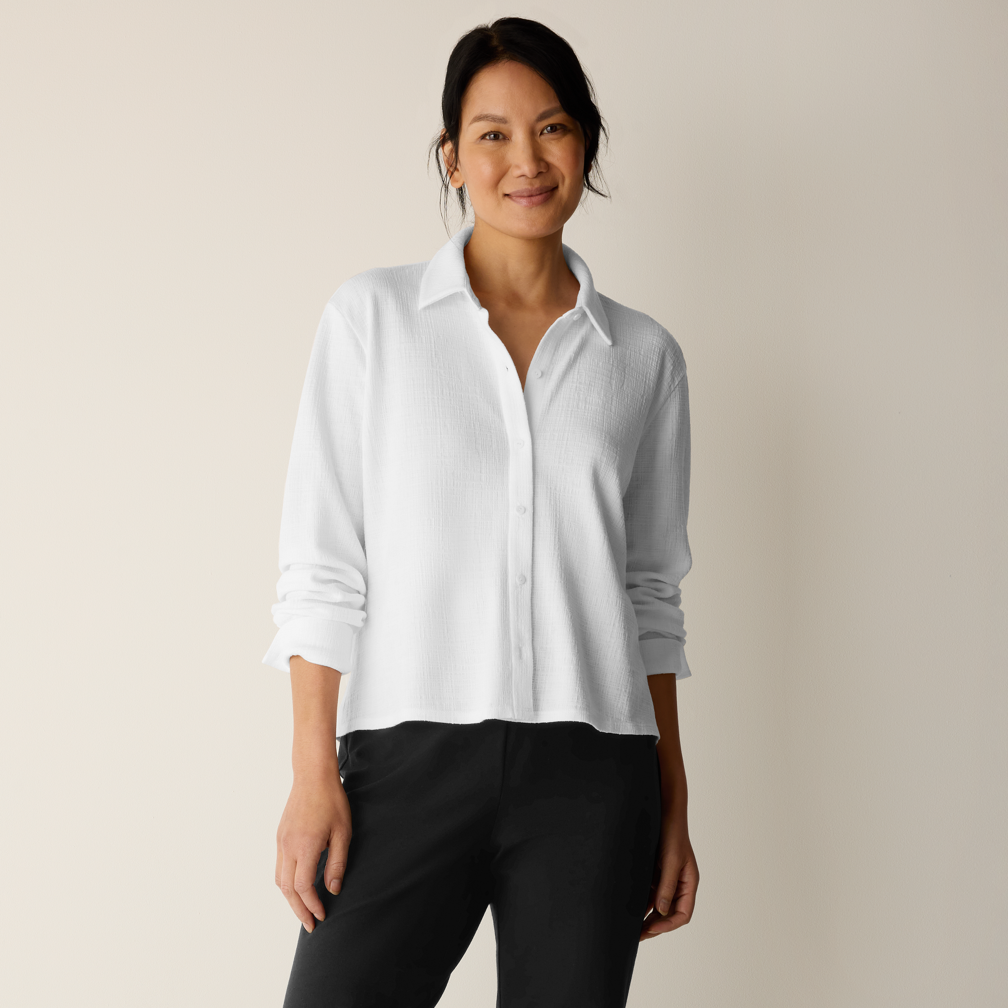Cross Hatch Stretch Jersey Classic Collar Shirt from EILEEN FISHER - $158