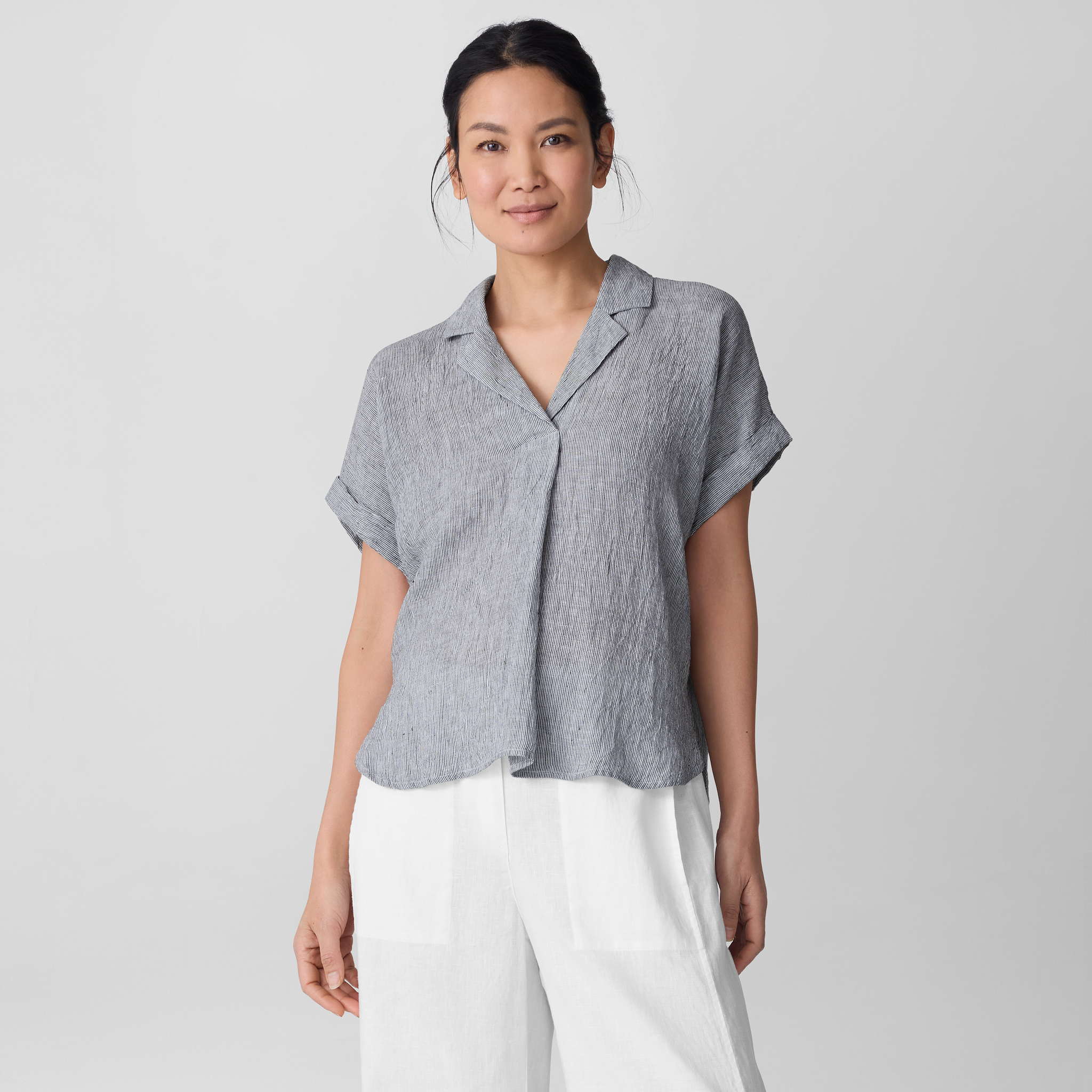 ★YESEYESEE★ Side Rib LS Khaki Puckered Organic Linen Stripe Notch Collar Top | EILEEN FISHER