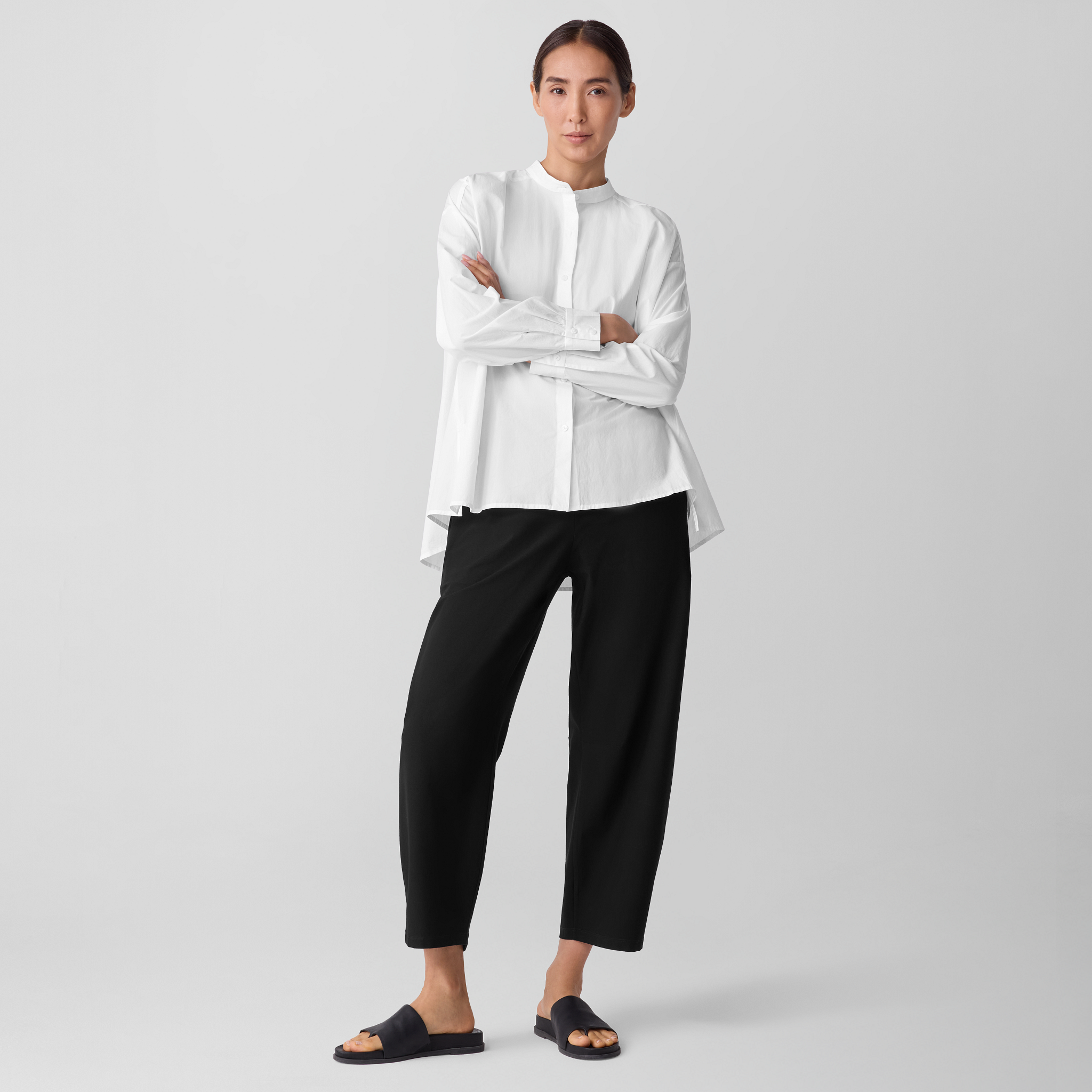 Washed Organic Cotton Poplin Band Collar Shirt | EILEEN FISHER
