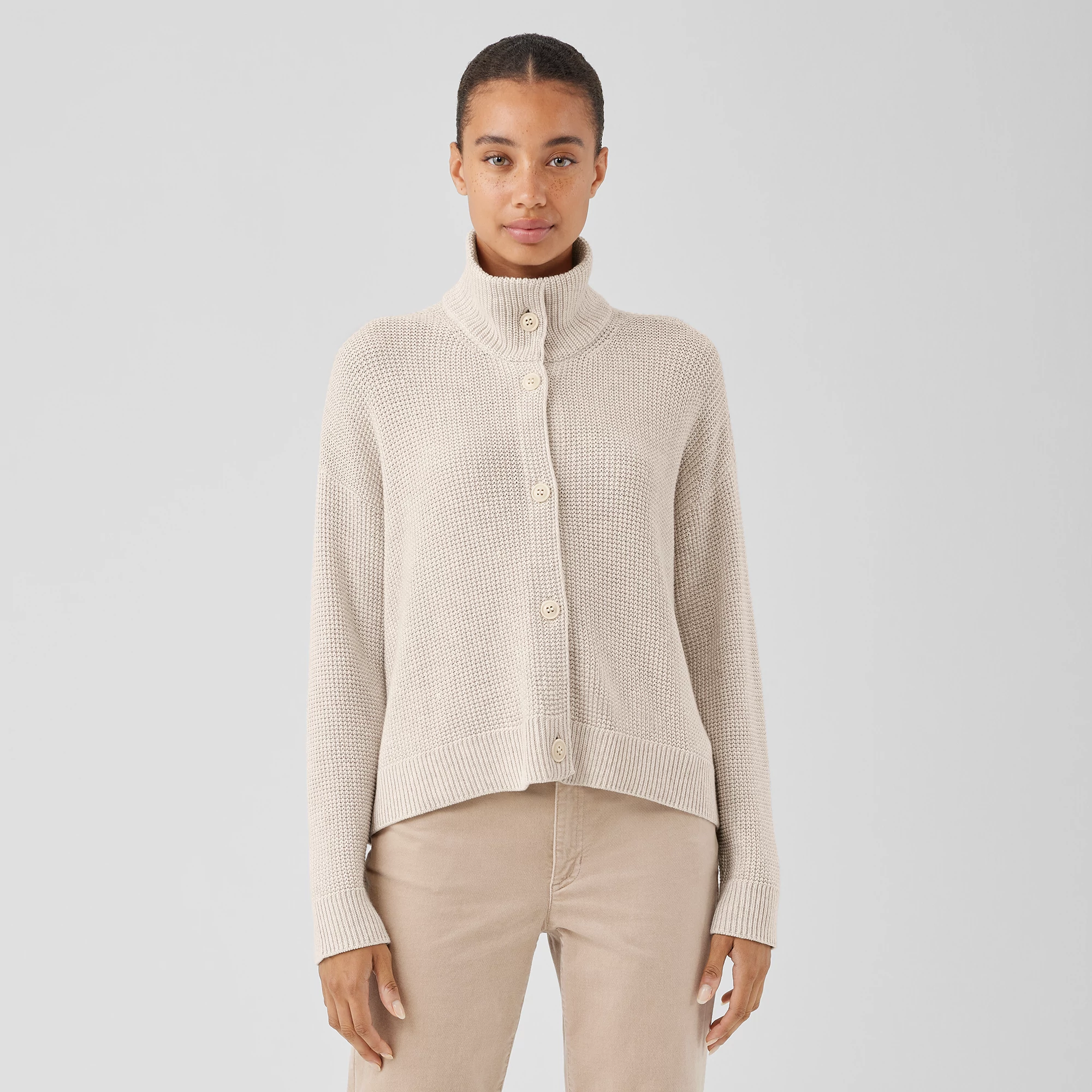Peruvian Organic Cotton High Collar Cardigan | EILEEN FISHER