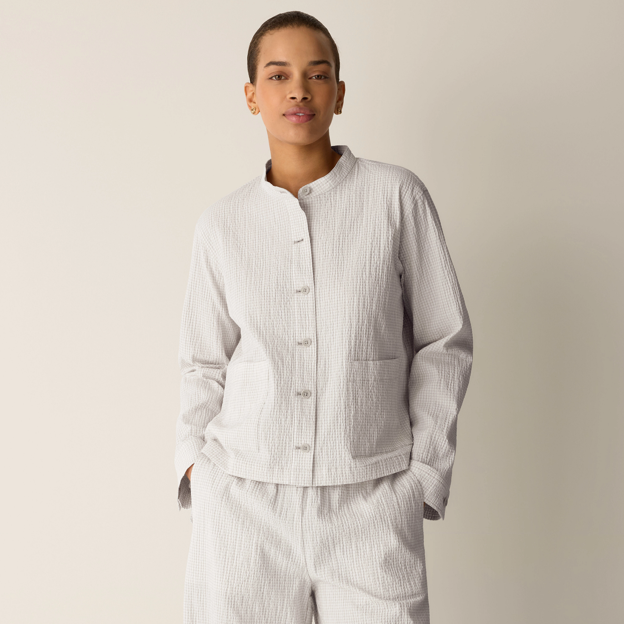 Organic Cotton Pucker Check Shirt Jacket from EILEEN FISHER - $198