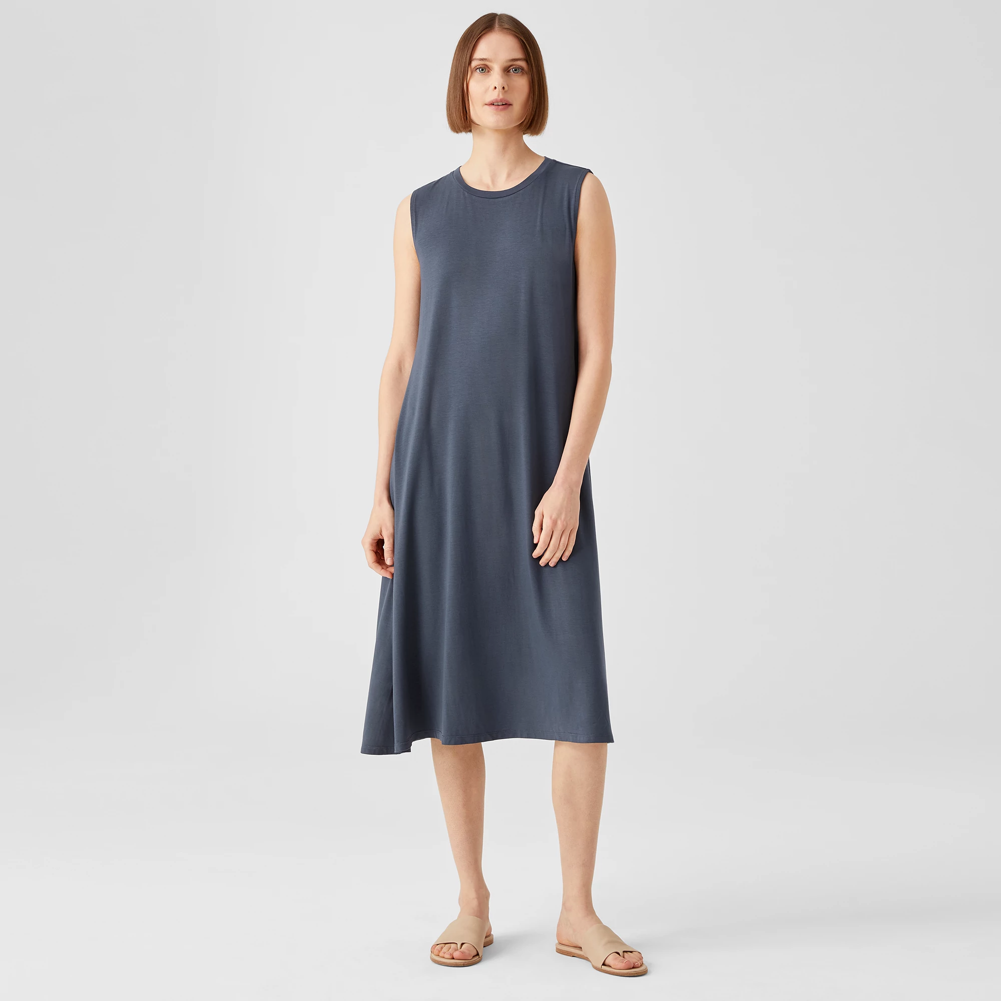 EILEEN FISHER Womens Blue Stretch Cap Sleeve Crew Neck Above The Knee Shift Dress