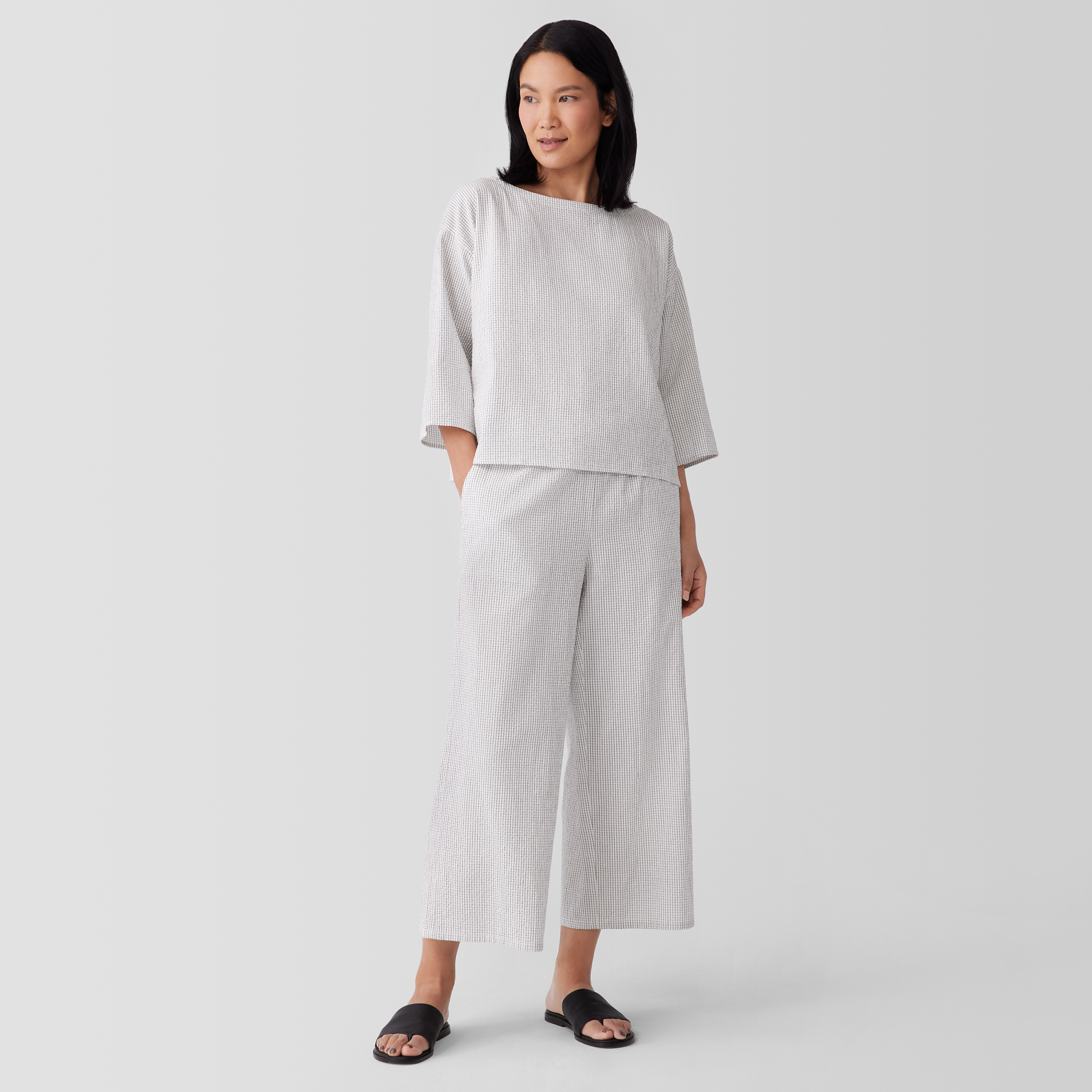 Organic Cotton Ripple Checkered Wide-Leg Pant