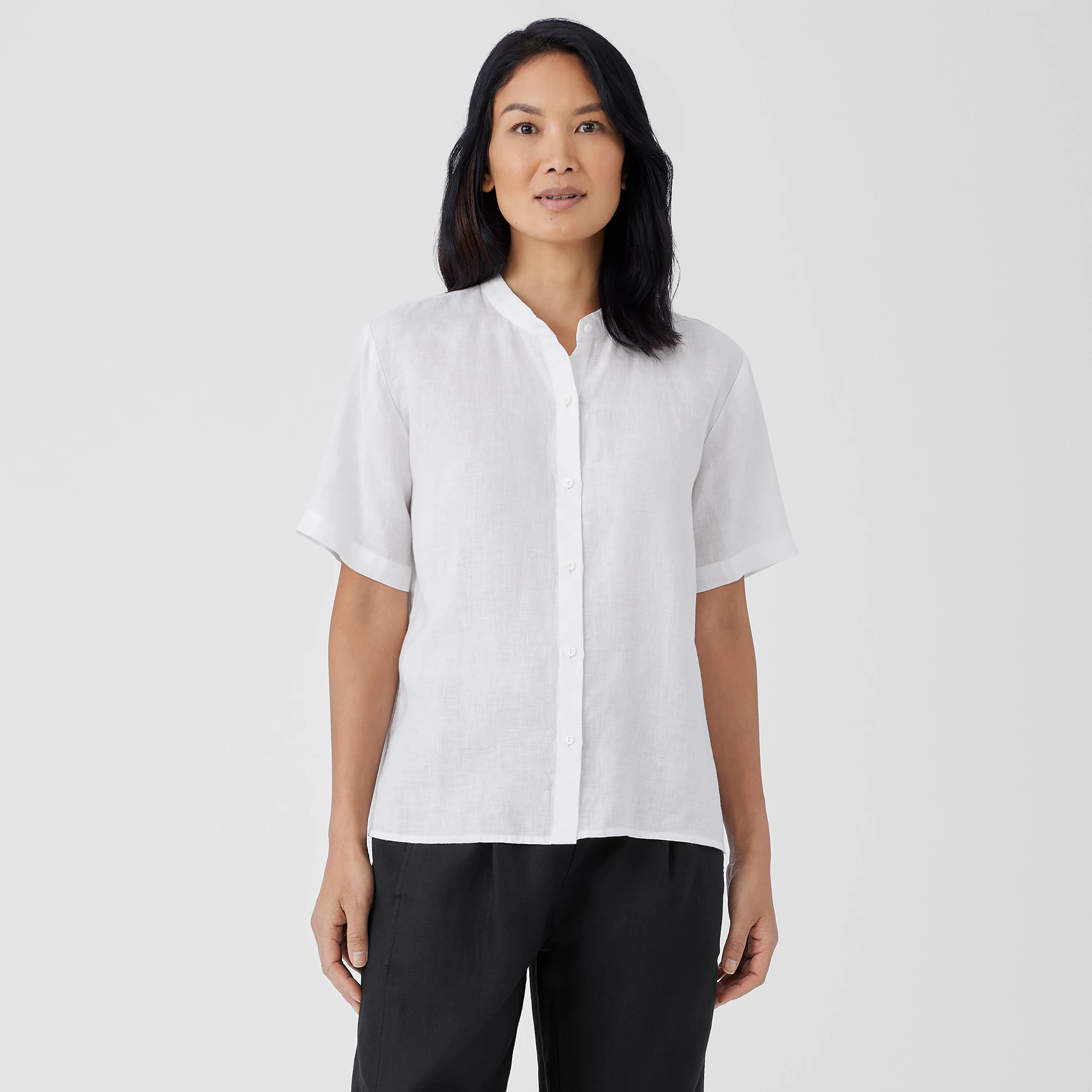 Organic Handkerchief Linen Band Collar Short-Sleeve Shirt from EILEEN FISHER - $95.20
