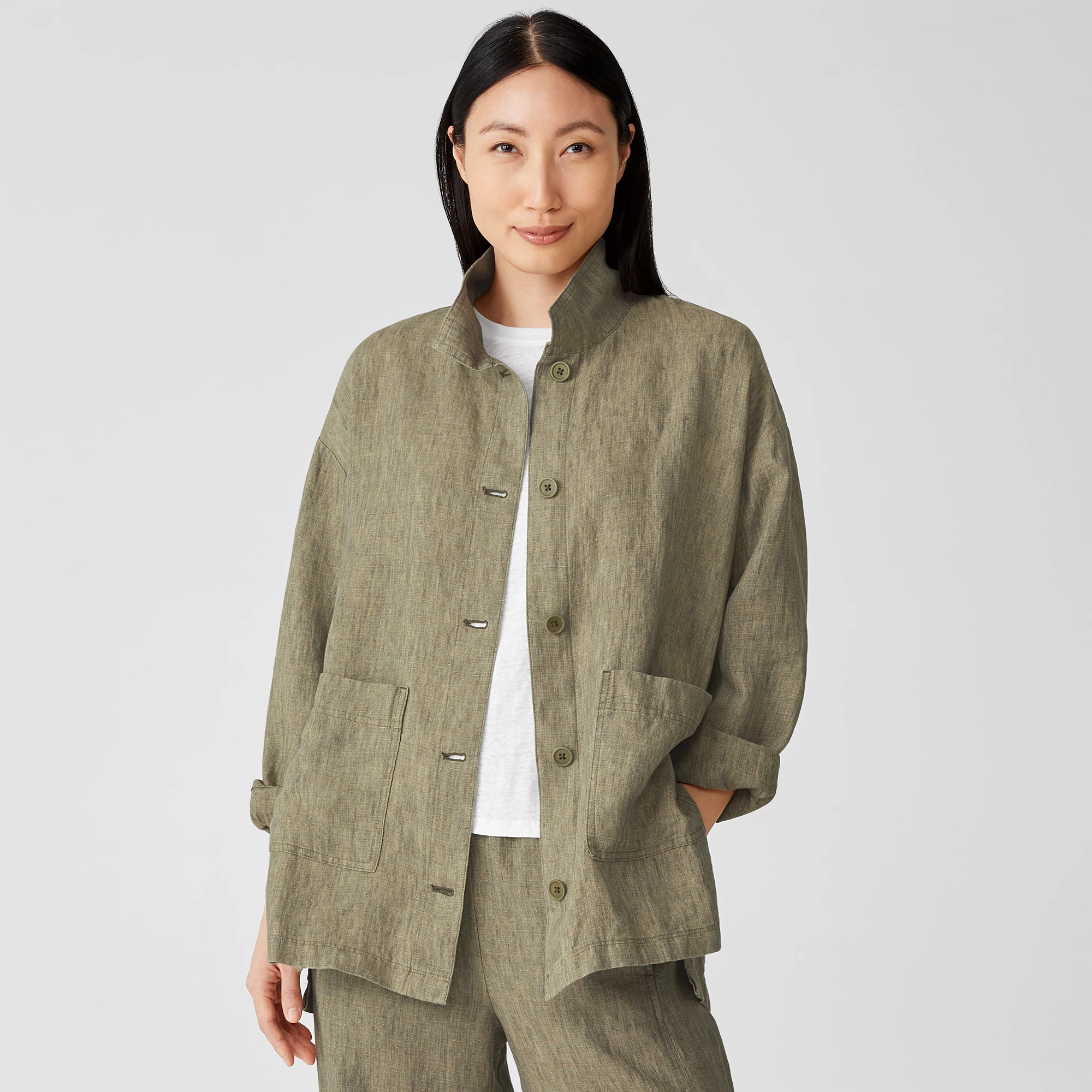 Washed Organic Linen Delave Stand Collar Jacket | EILEEN FISHER