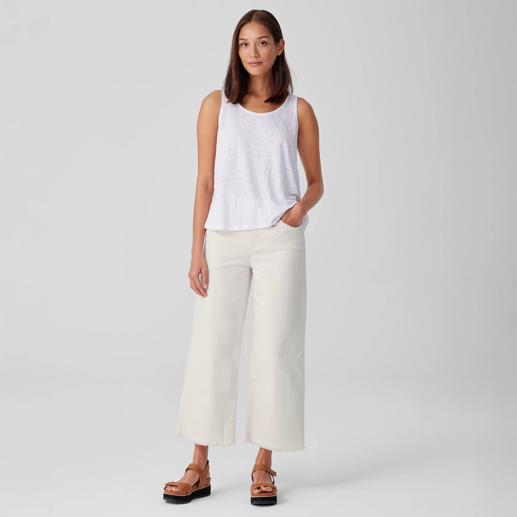 「LOOKPLE」Look Diede Off-White Linen Wide Denim ★S/M/L/XL Washed Organic Linen Délavé Wide Trouser Pant | EILEEN FISHER
