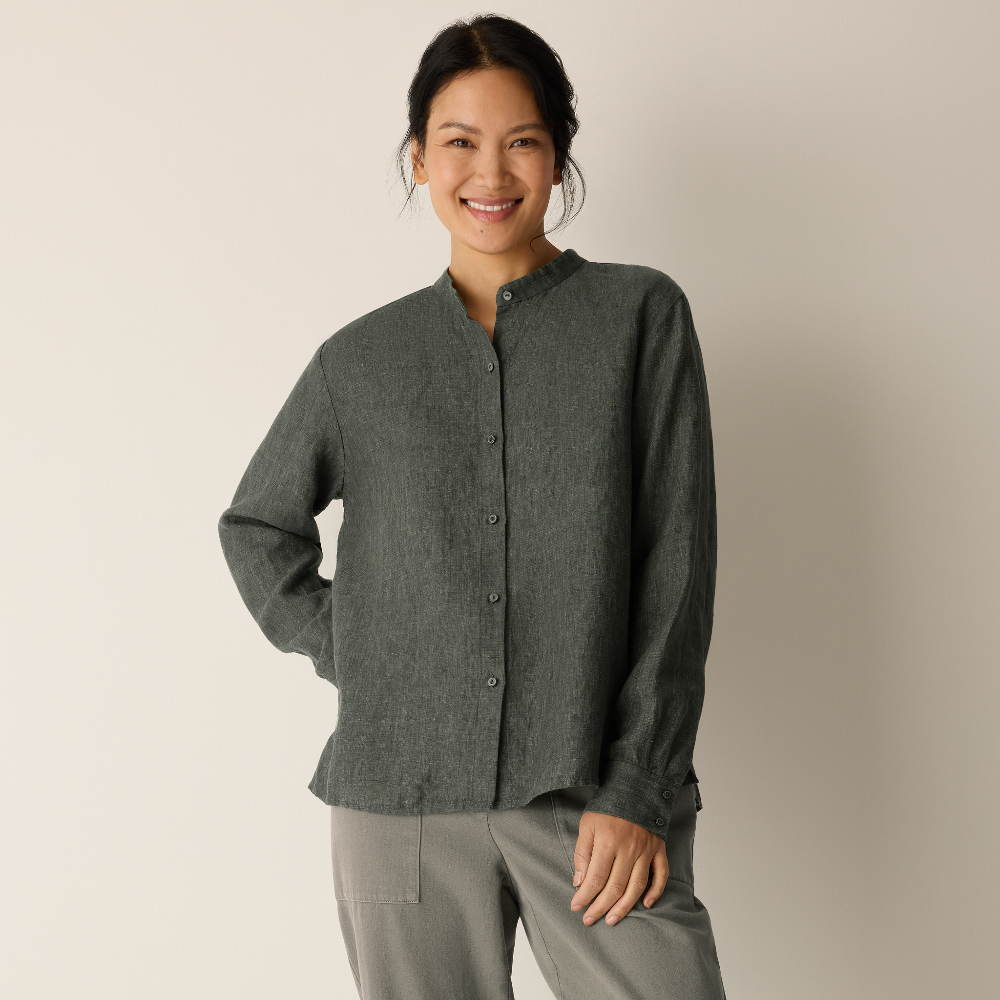 Washed Organic Linen Délavé Band Collar Shirt from EILEEN FISHER - $198