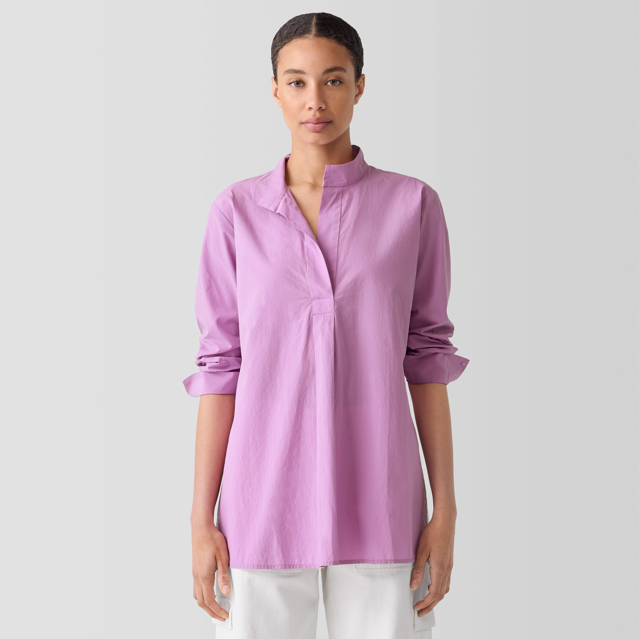 Washed Organic Cotton Poplin Stand Collar Top from EILEEN FISHER - $119.20