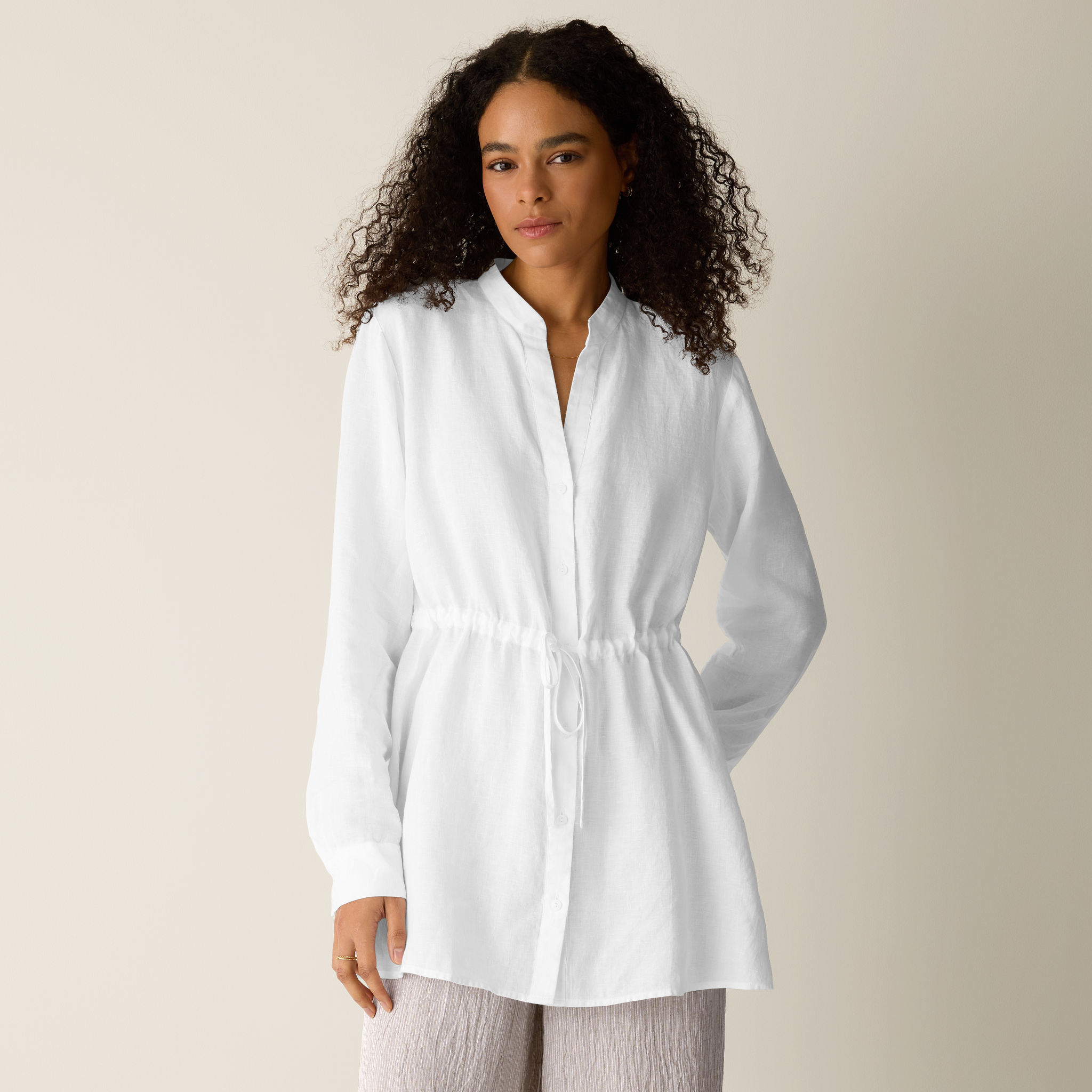 Organic Handkerchief Linen Band Collar Drawstring Shirt from EILEEN FISHER - $198
