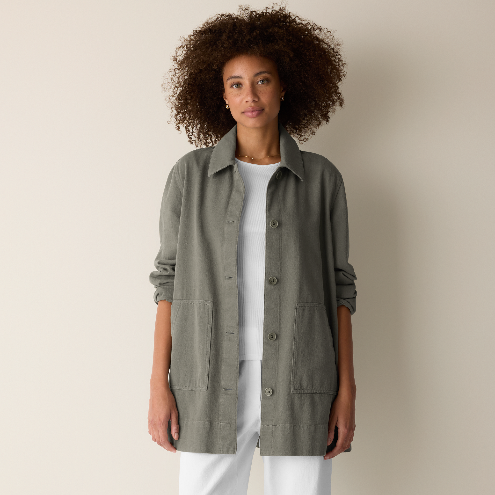 Garment-Dyed Utility Cotton Classic Collar Long Jacket from EILEEN FISHER - $248