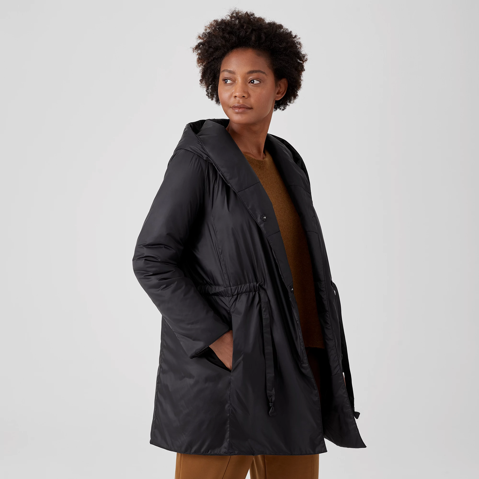 Eggshell Recycled Nylon Hooded Coat | EILEEN FISHER