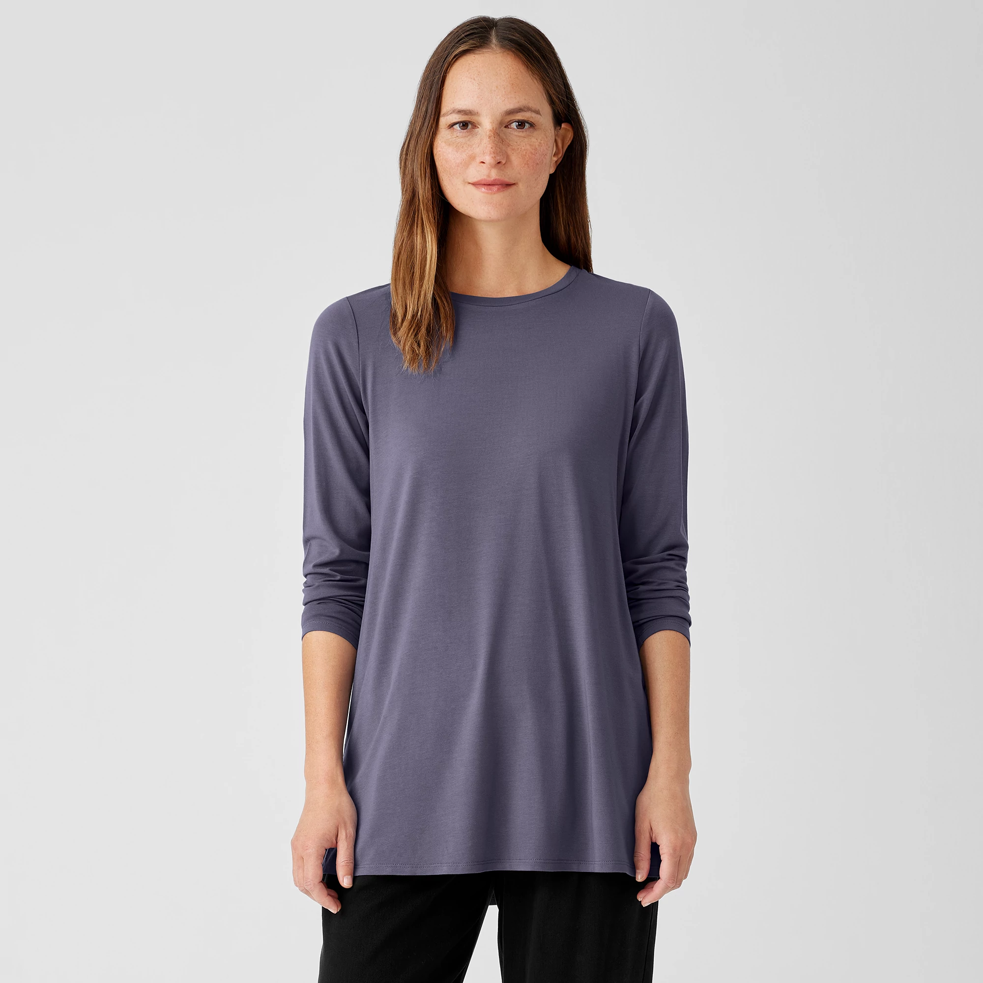 Stretch Jersey Knit Crew Neck Long Top EILEEN FISHER