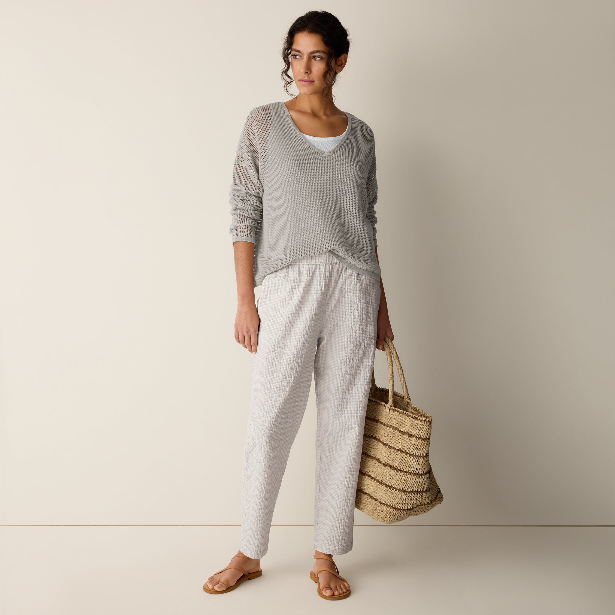Organic Cotton Pucker Check Tapered Pant from EILEEN FISHER - $188