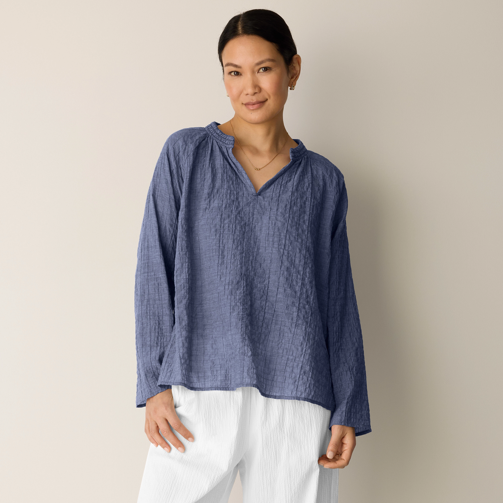 Organic Cotton Microstripe Pucker Split Collar Top from EILEEN FISHER - $148
