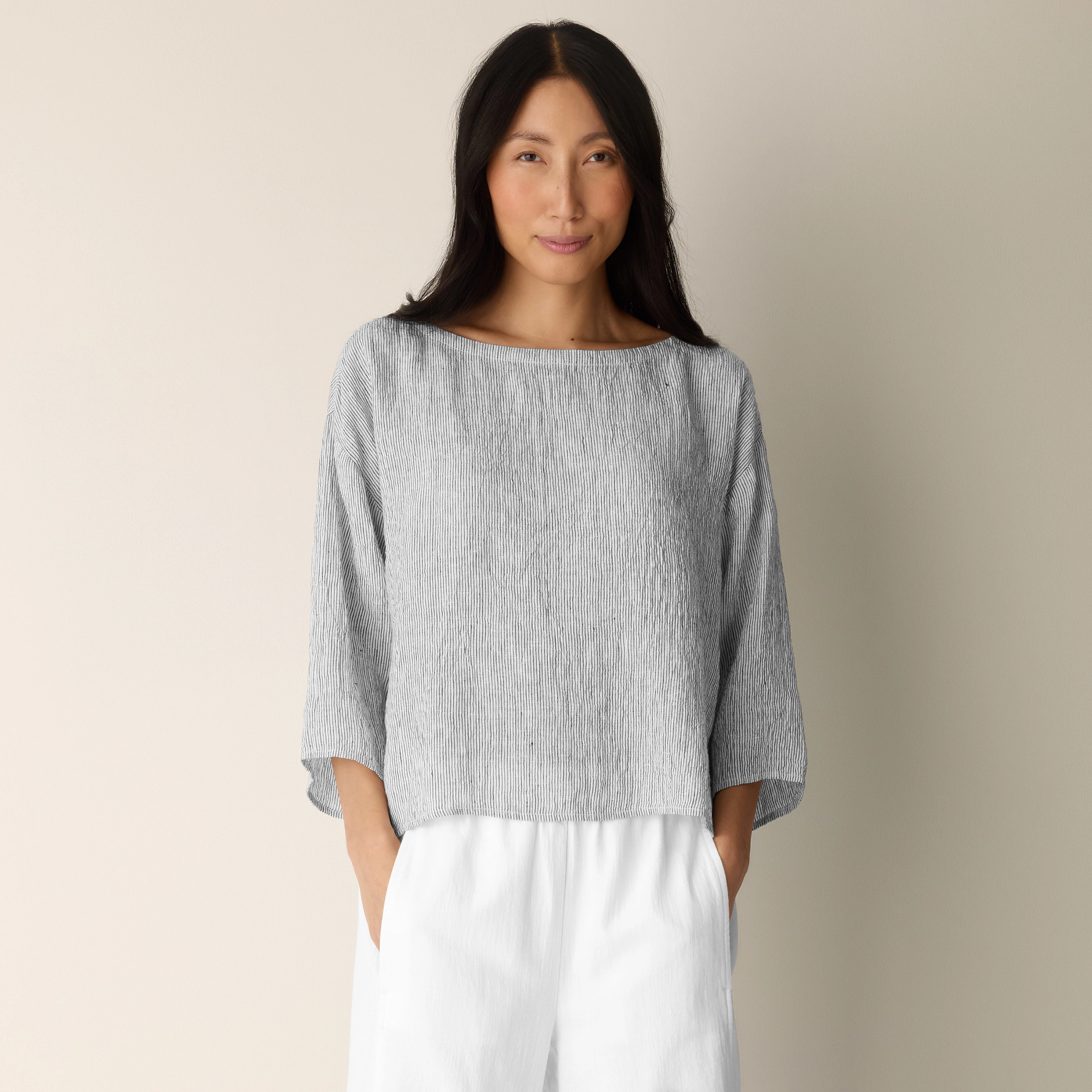 Puckered Organic Linen Stripe Box-Top from EILEEN FISHER - $158