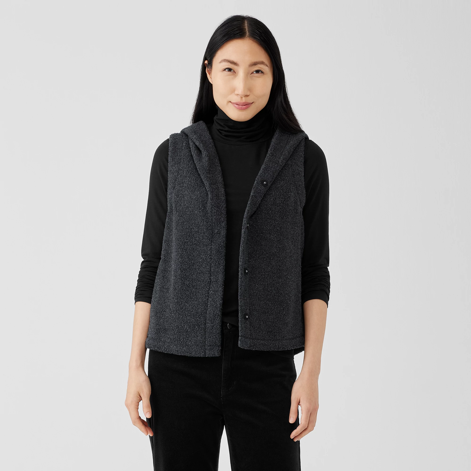 Boucle Wool Knit Hooded Vest EILEEN FISHER