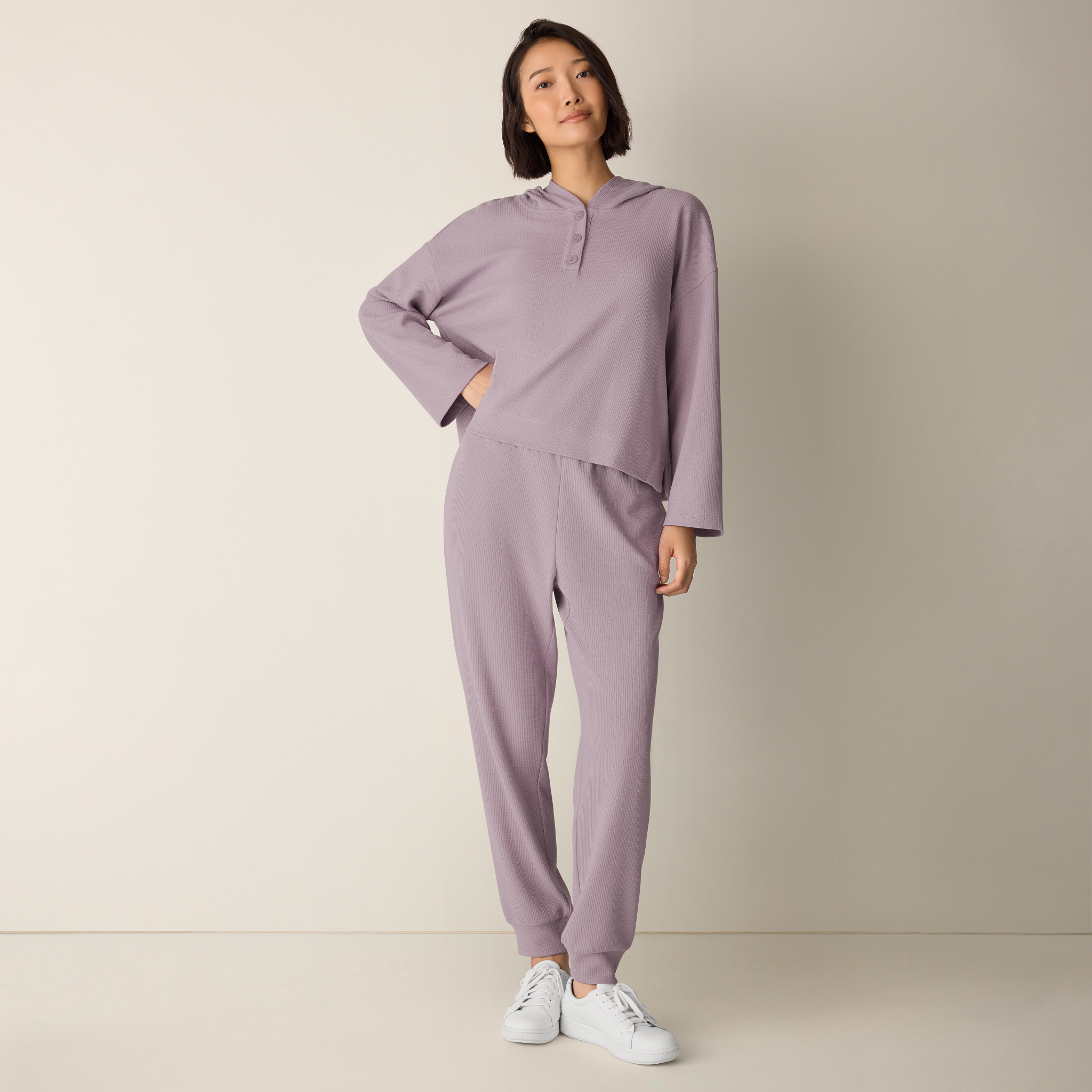 Waffle Cotton Blend Doubleknit Hooded Top