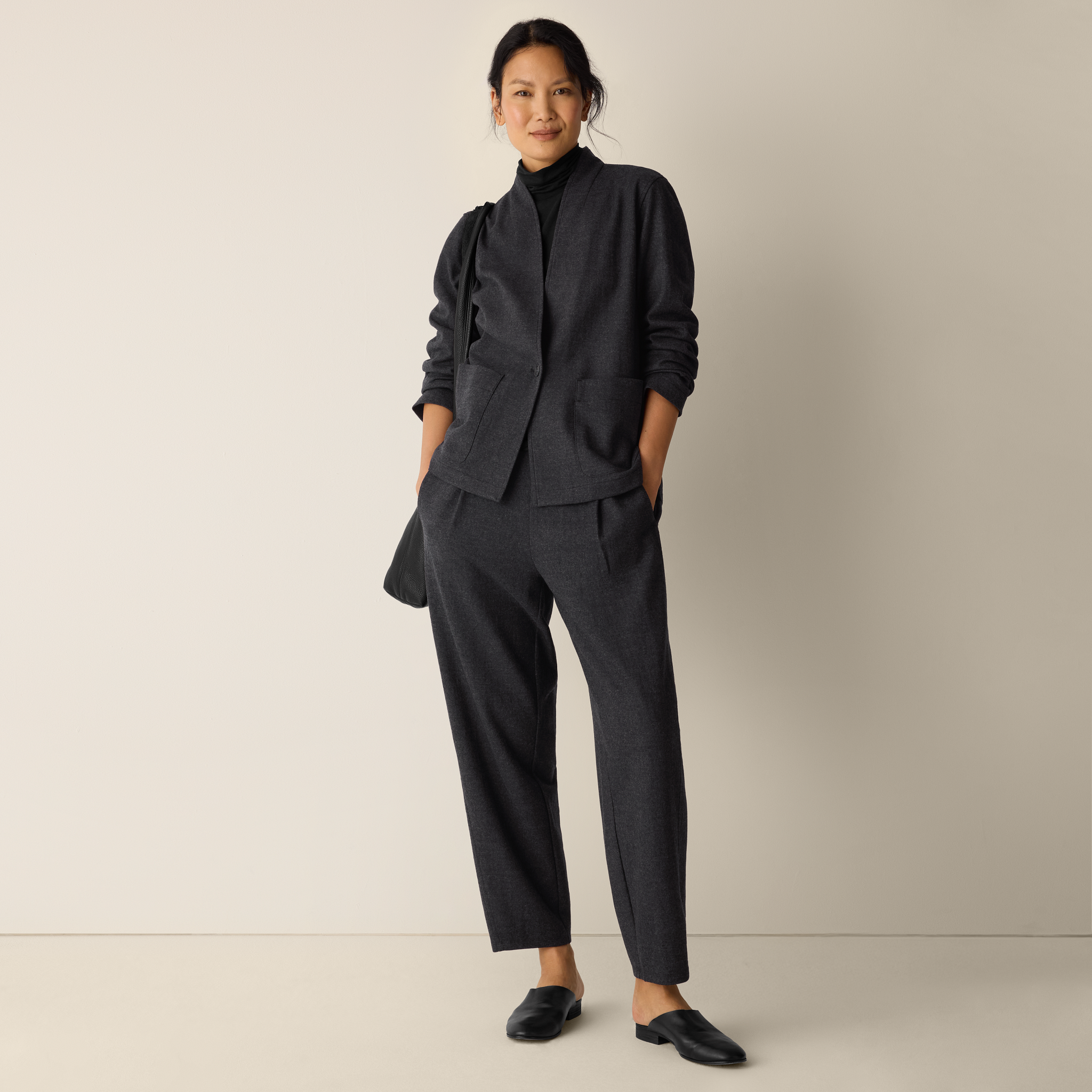 Mélange Boiled Wool Jersey High Collar Jacket in Regenerative Wool from EILEEN FISHER - $239.20