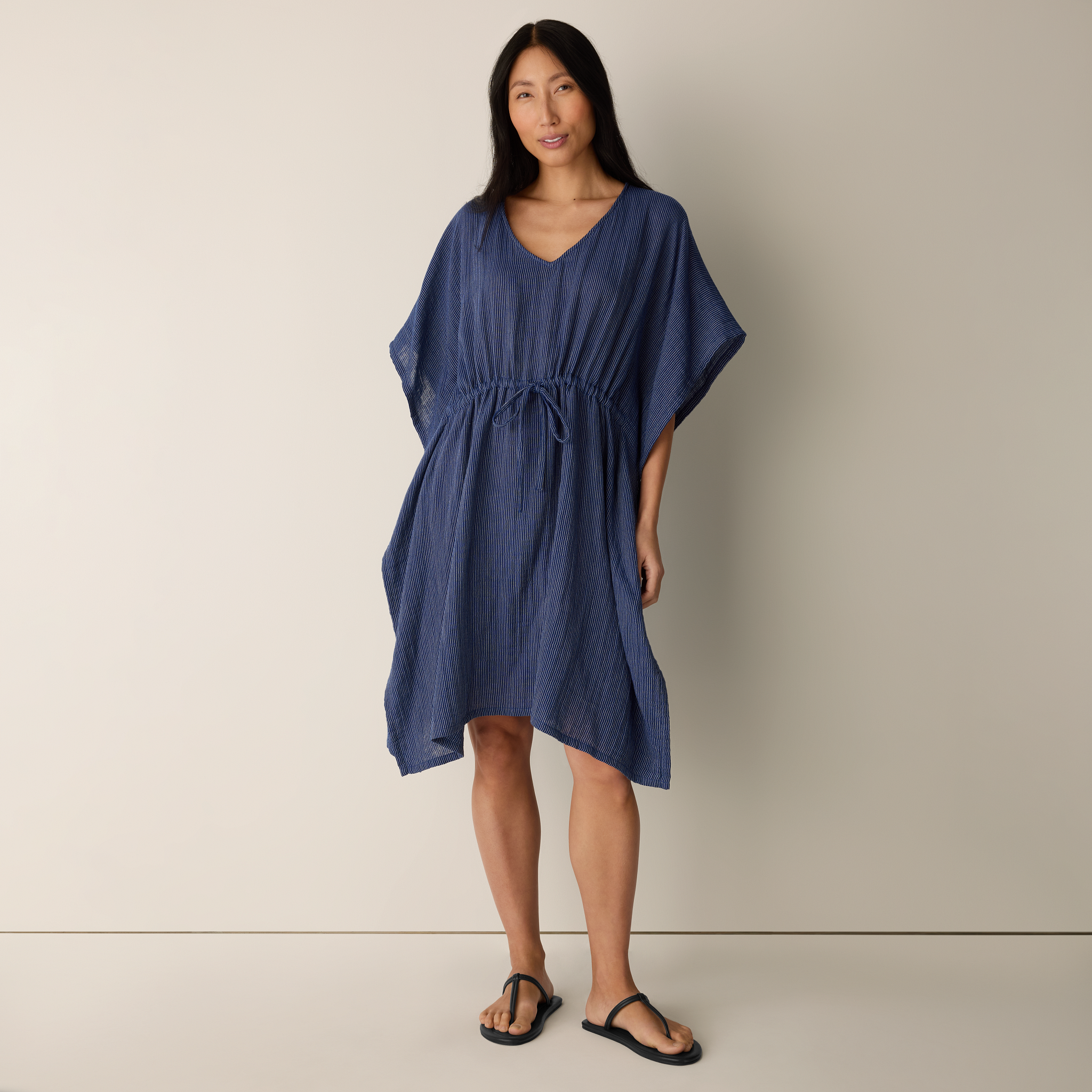 Striped Organic Cotton Gauze V-Neck Caftan | EILEEN FISHER