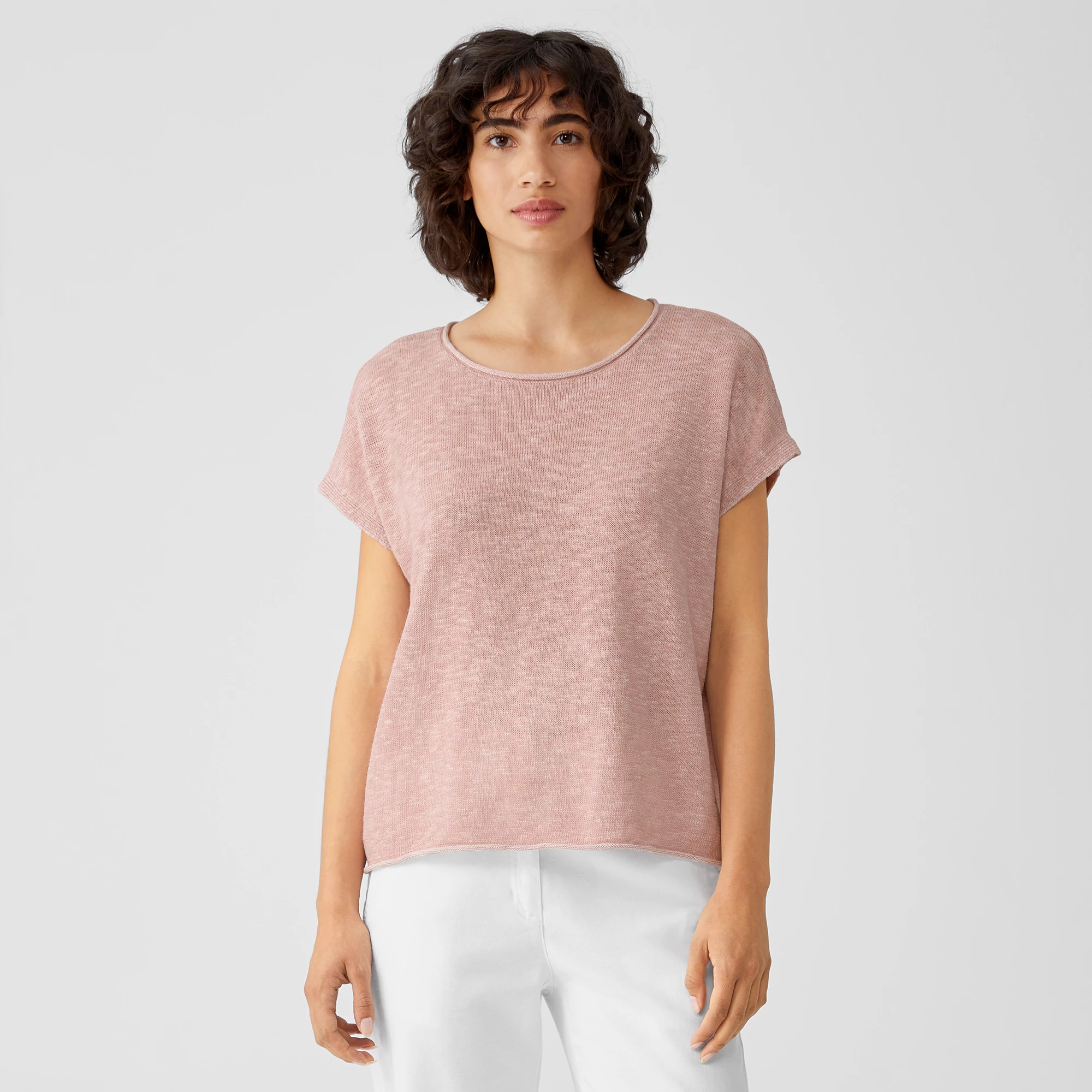 【MODERNIF】Reba Linen Round Short Sleeve Knit She+Sky Silver Metallic Short Sleeve Knit Top | Lime Lush