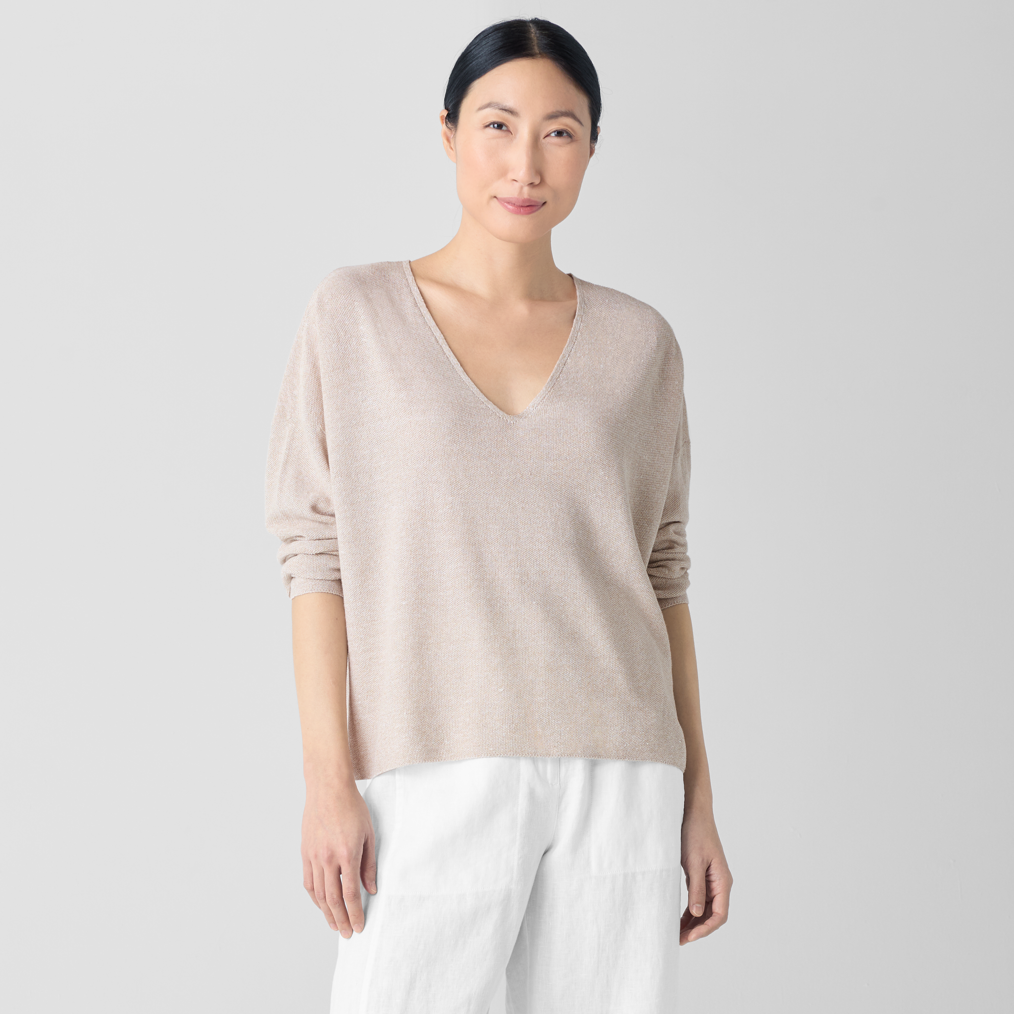 Eileen Fisher  V-Neck Sweater レディース Sweaters White Organic Linen Cotton V-Neck Top | EILEEN FISHER