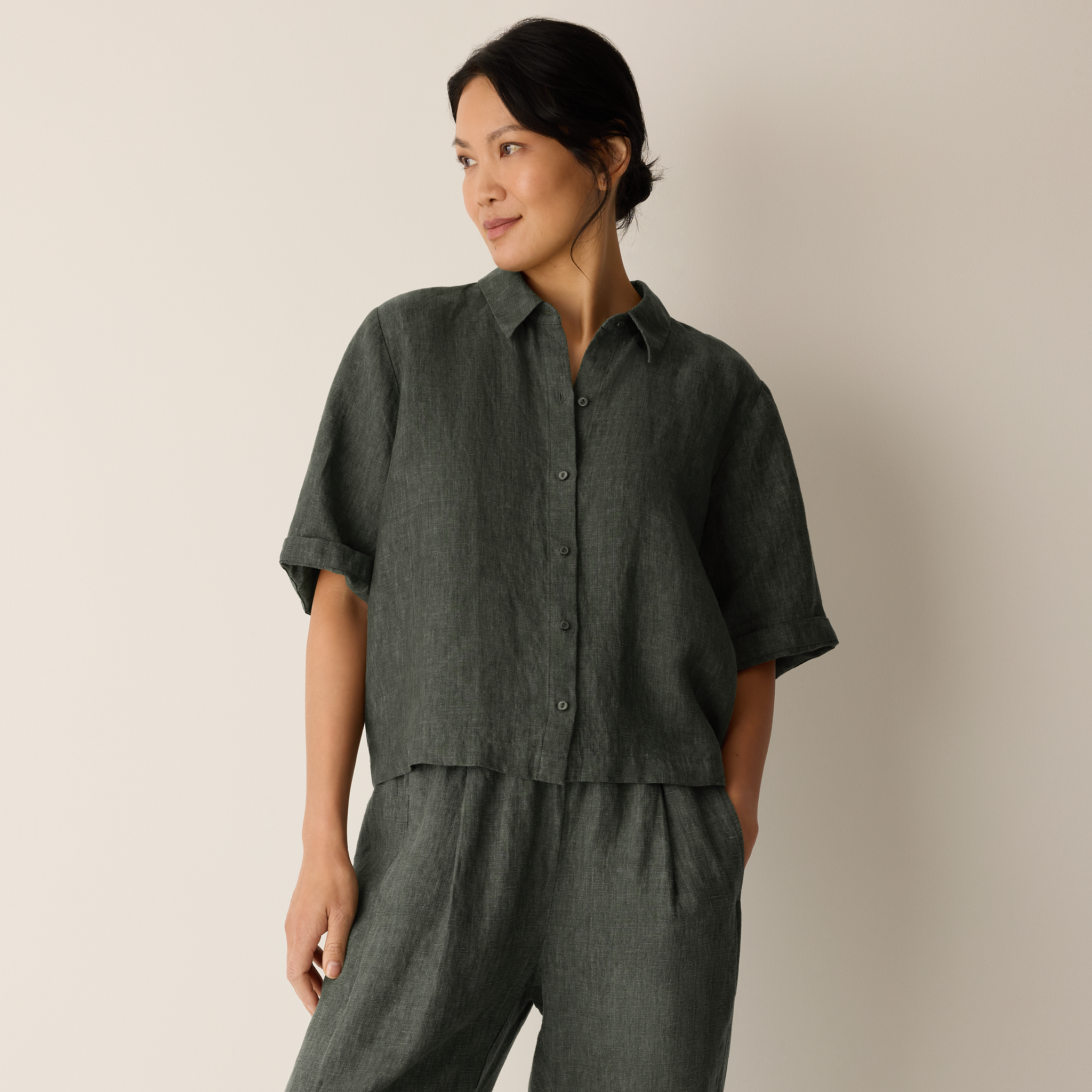 Washed Organic Linen Délavé Elbow-Sleeve Top