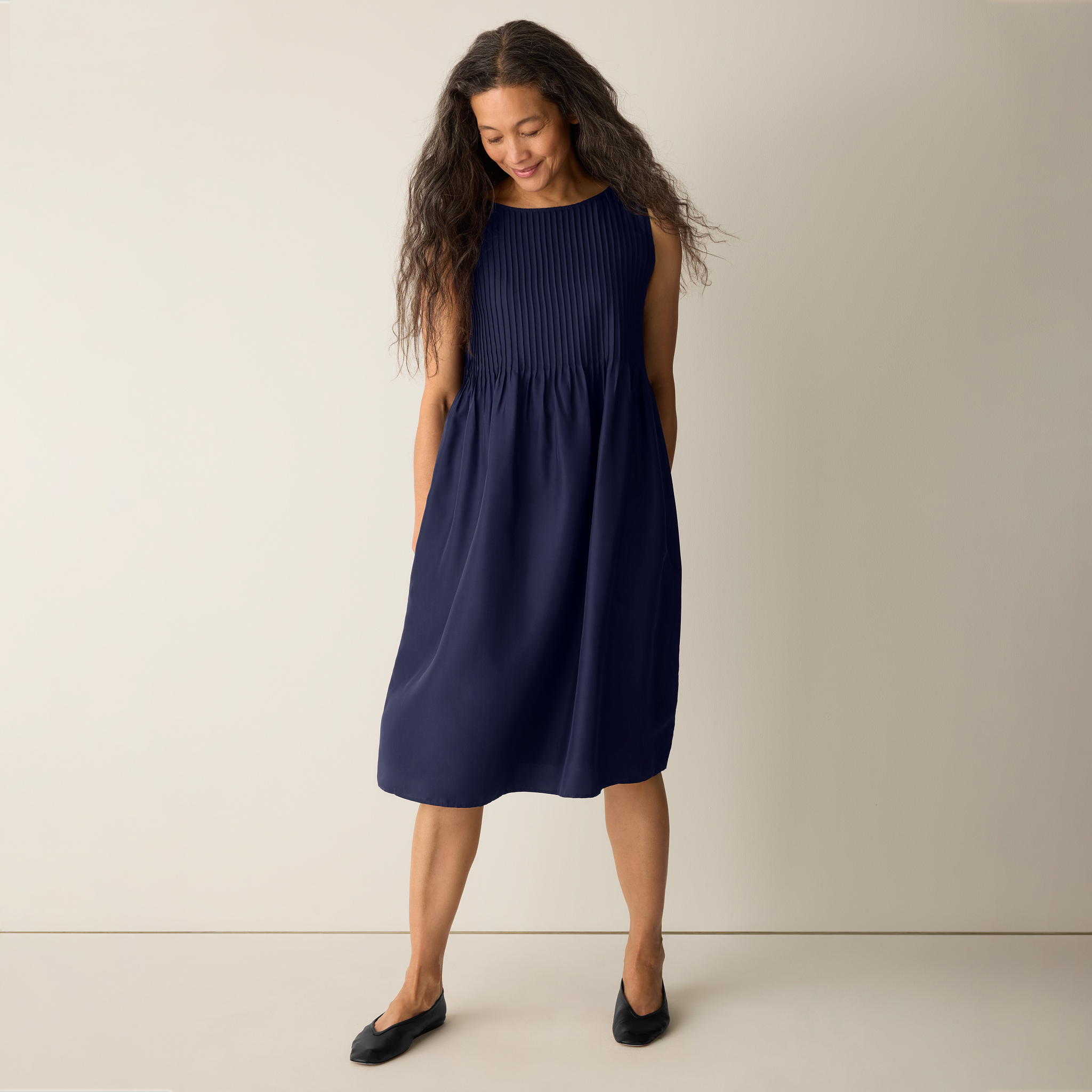 Pleated Silk Bateau Neck Dress