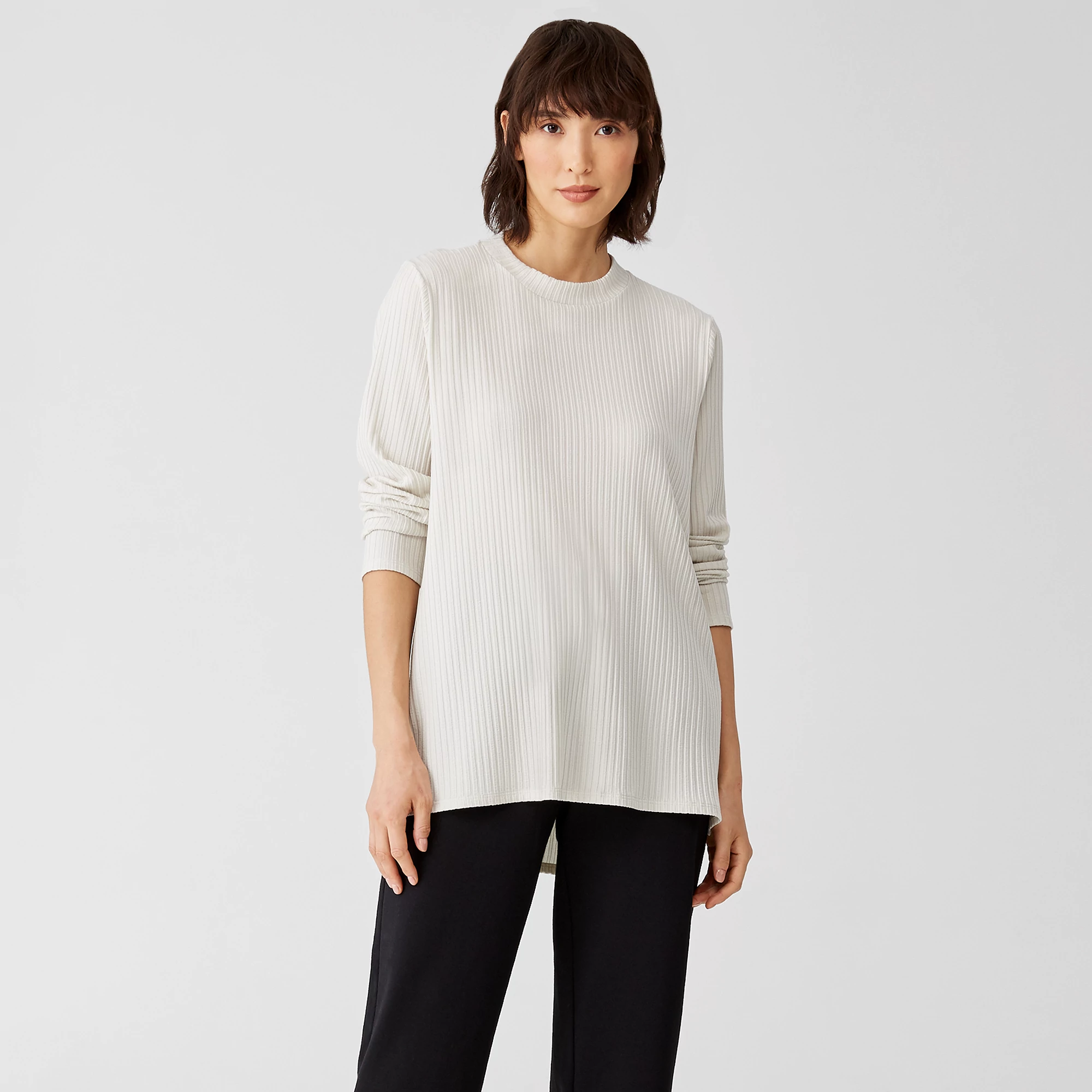 EILEEN FISHER Womens Ivory Ribbed Sheer Long Sleeve Round Neck Top main image 1