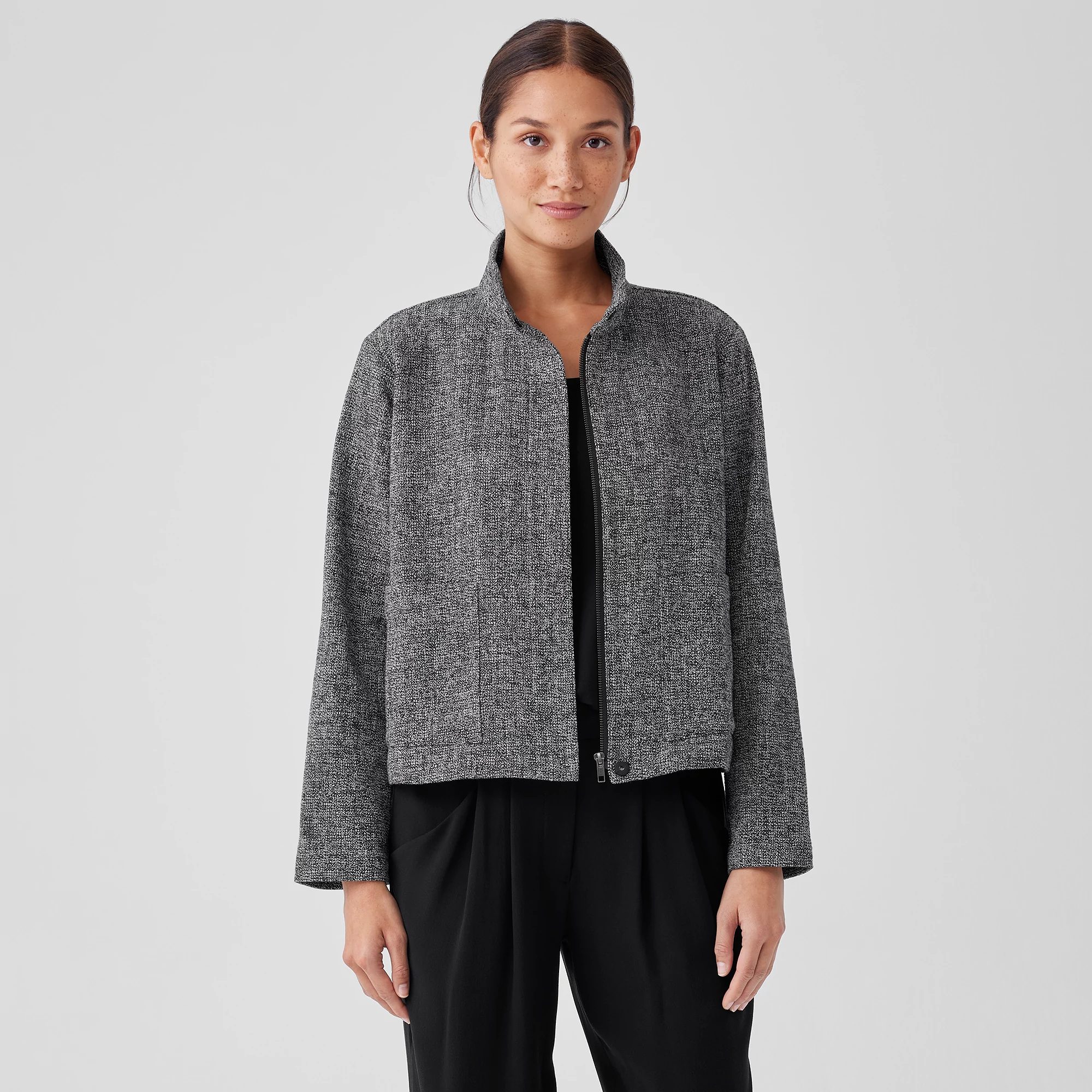 Organic Cotton Tweed Stand Collar Jacket