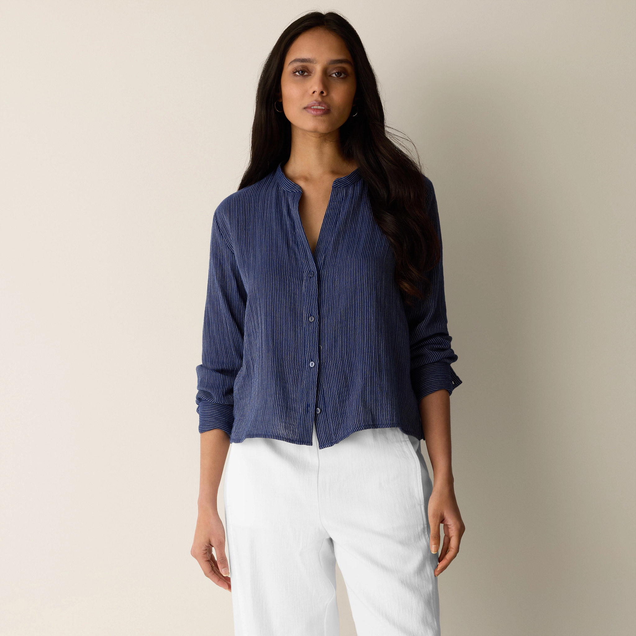 Striped Organic Cotton Gauze Band Collar Shirt from EILEEN FISHER - $148