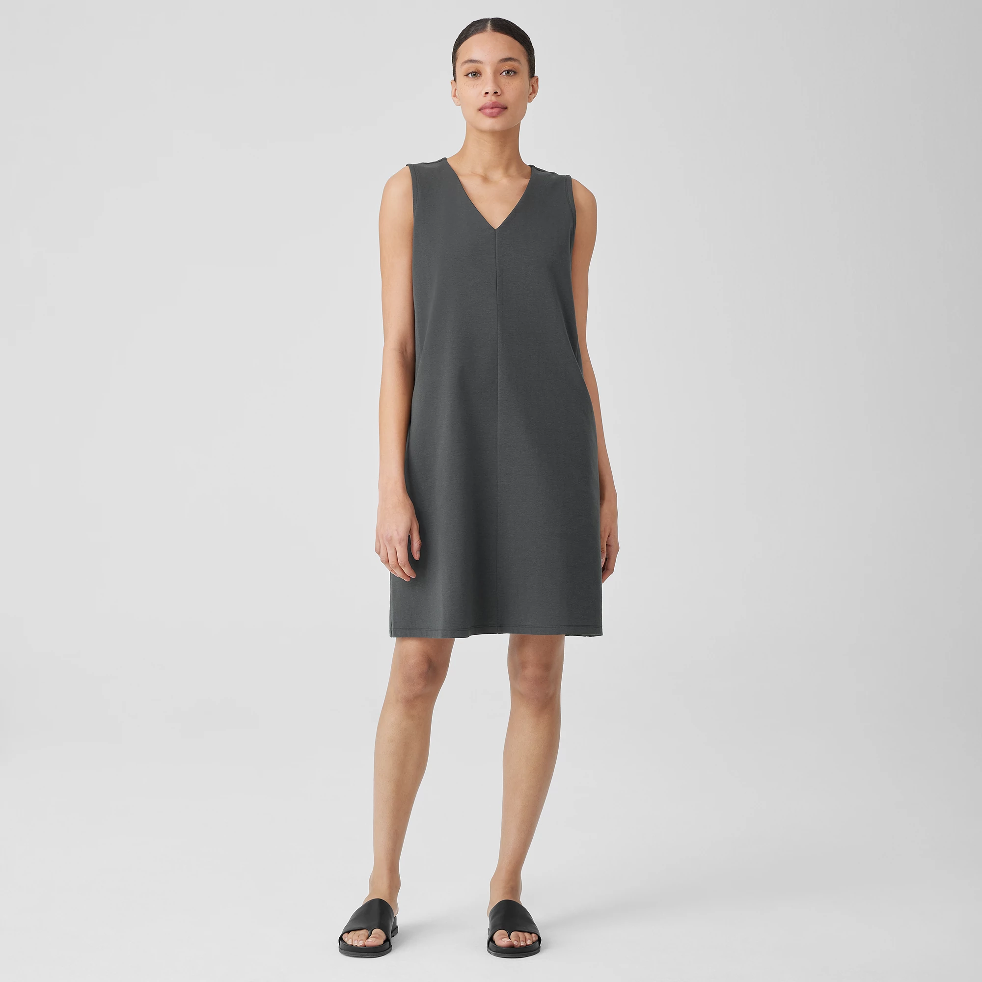 Cotton Blend Ponte V-Neck Dress | EILEEN FISHER