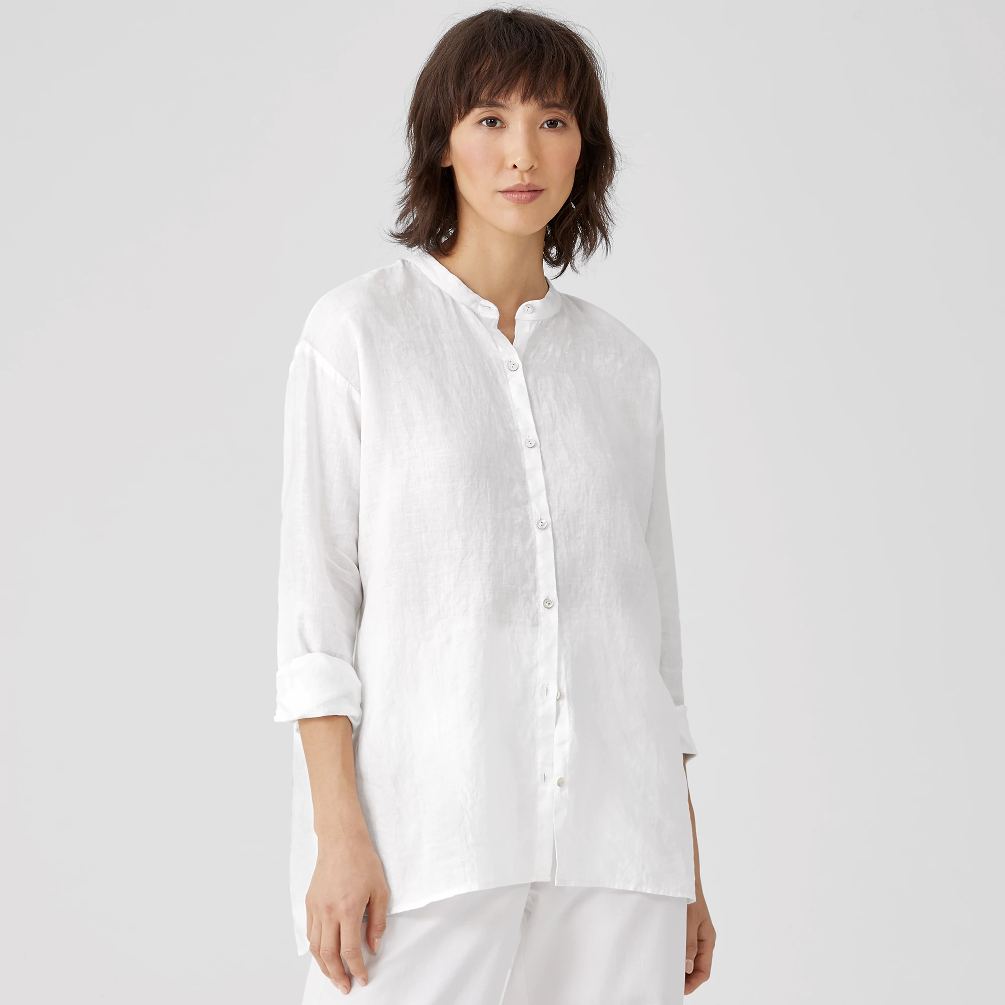 Organic Handkerchief Linen Mandarin Collar Shirt | EILEEN FISHER