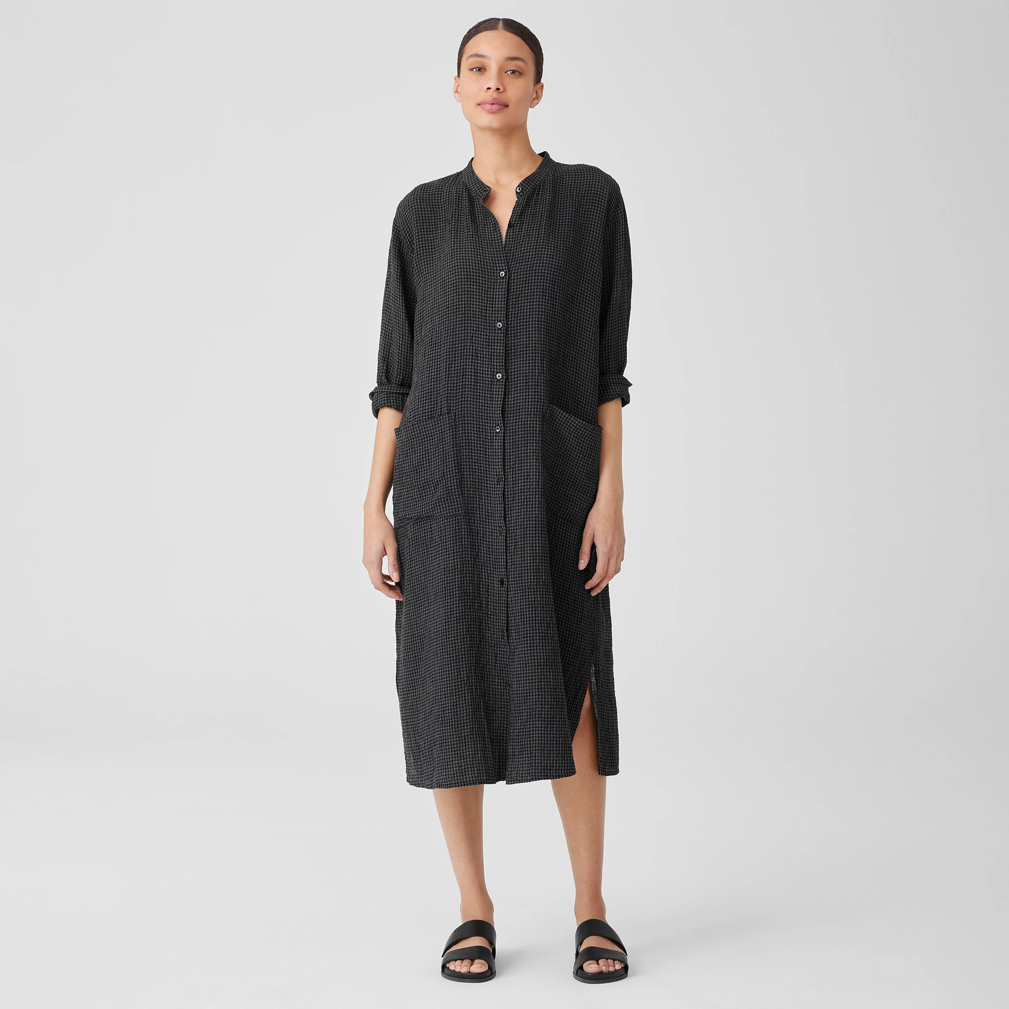 Puckered Organic Linen Mandarin Collar Shirtdress | EILEEN FISHER