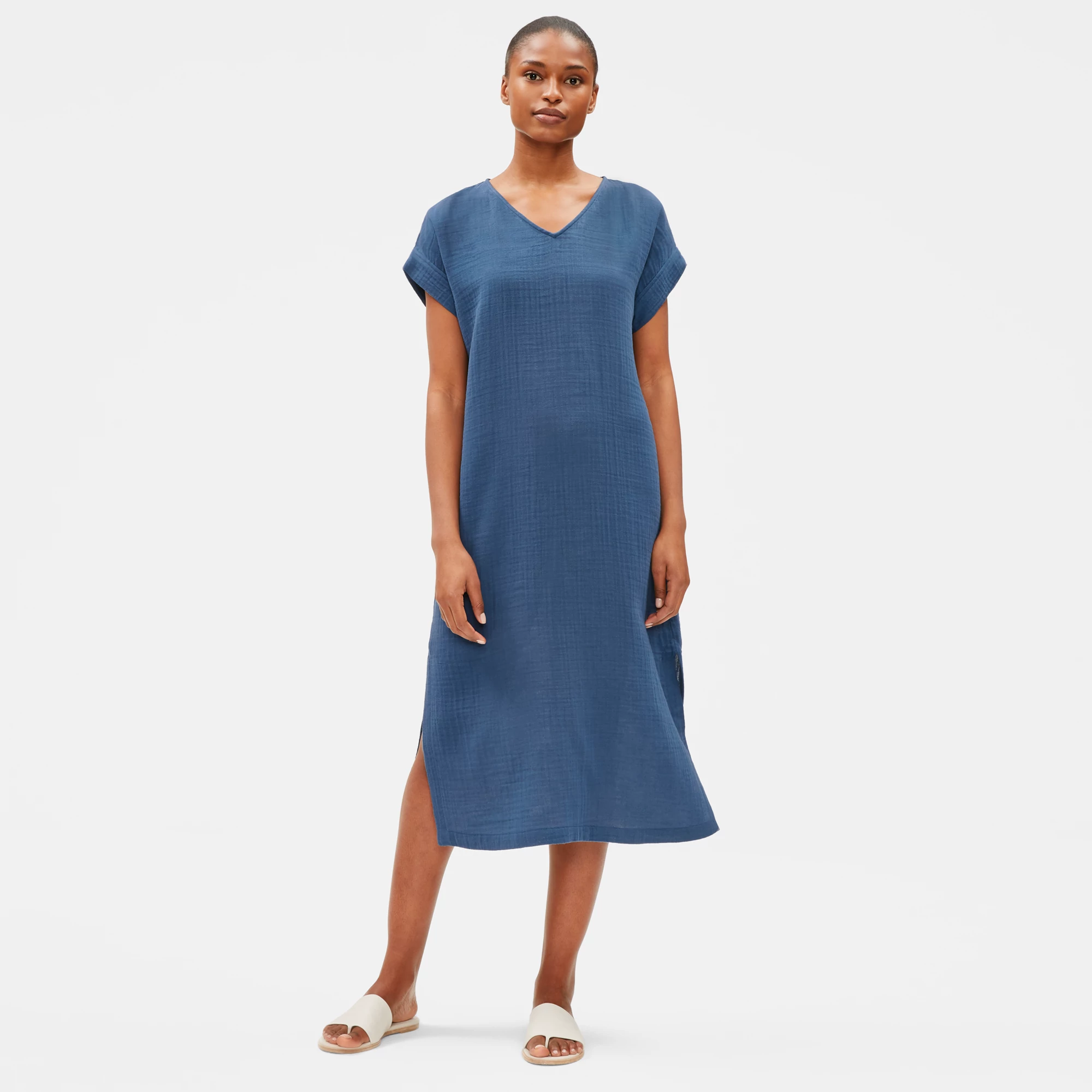 Organic Cotton Gauze VNeck Dress EILEEN FISHER