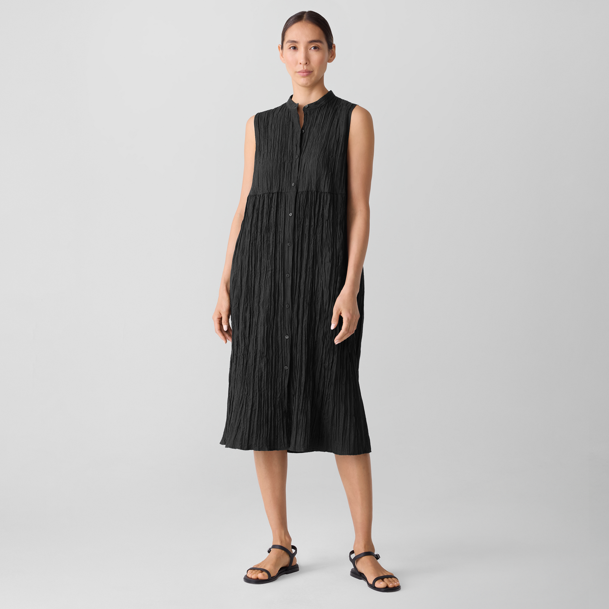 Crinkle Silk Habutai Band Collar Dress