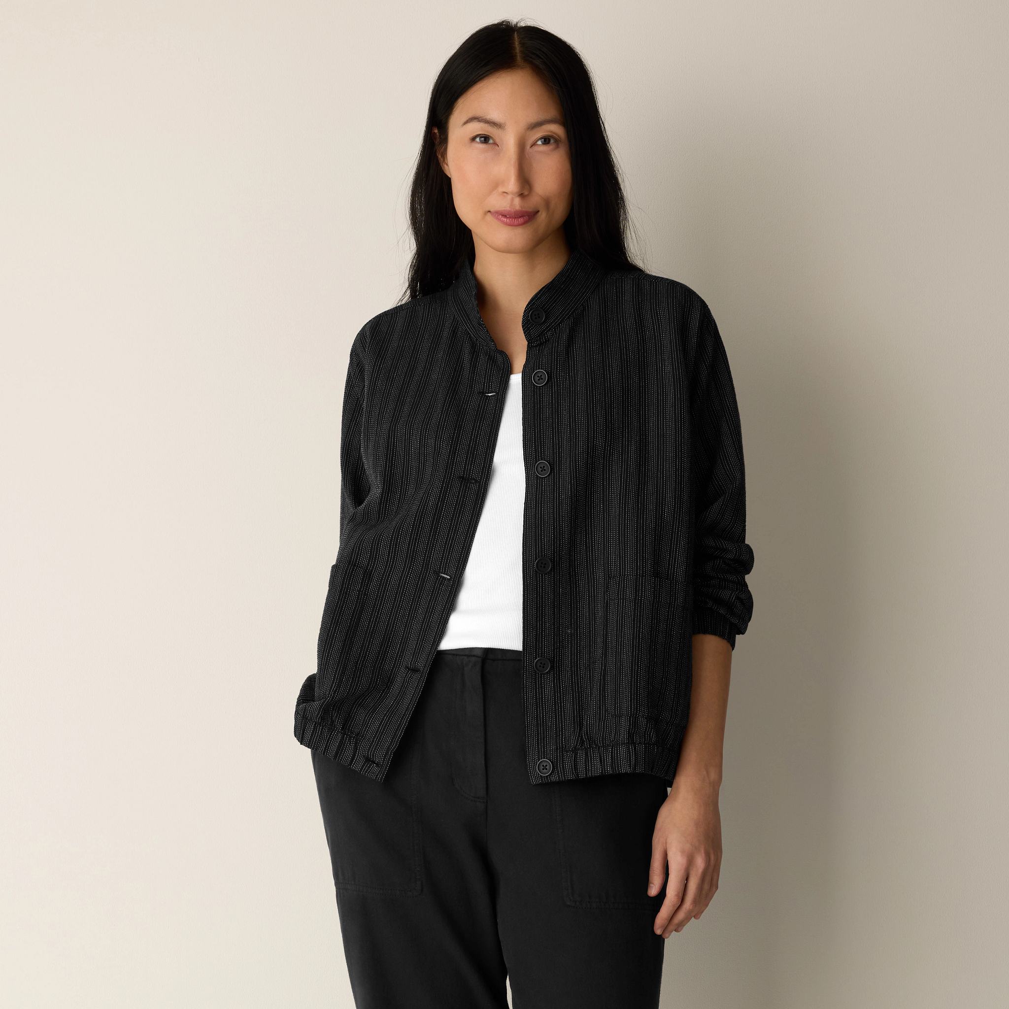 Cotton Blend Stripe Stitch Flight Jacket | EILEEN FISHER
