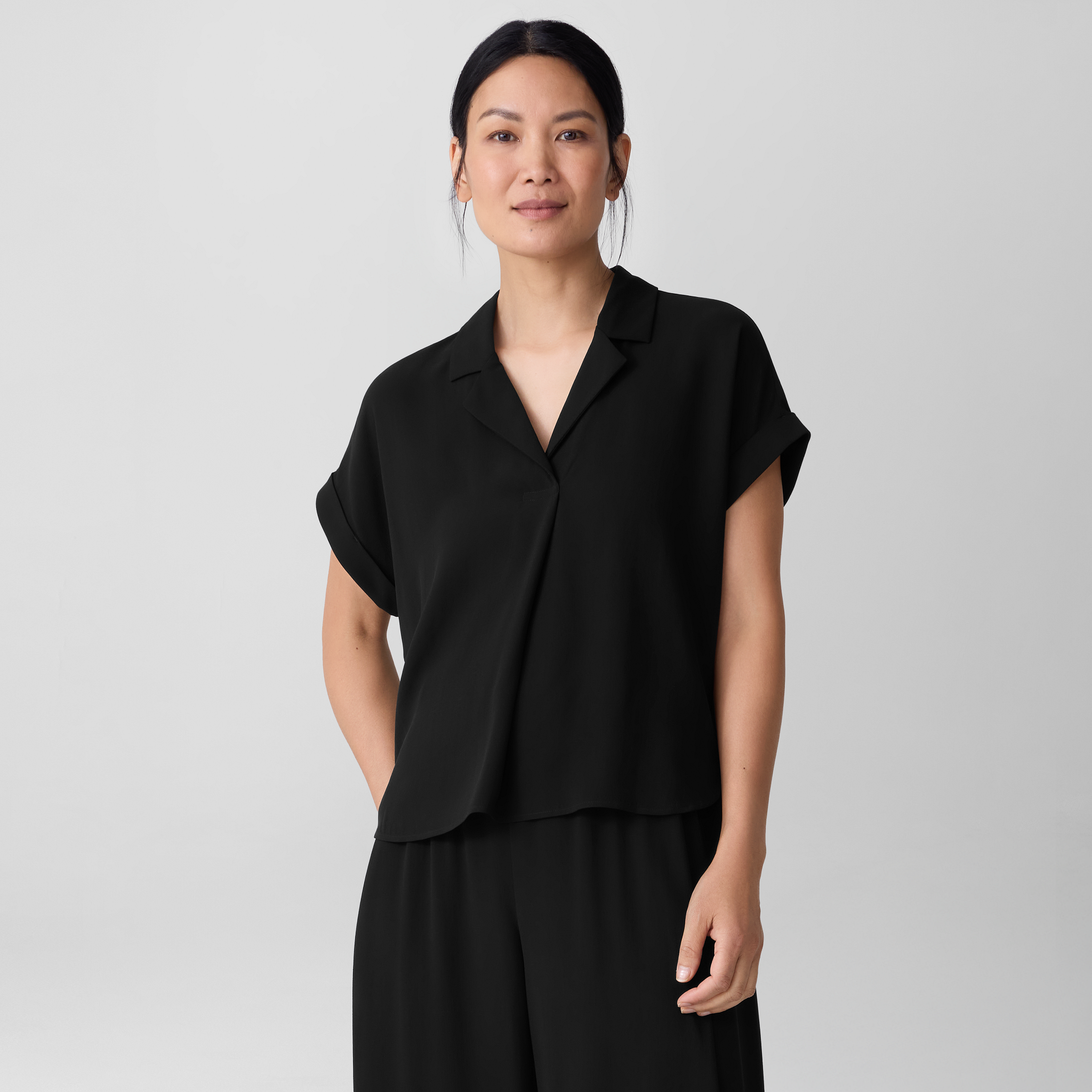 Silk Georgette Crepe Notch Collar Top