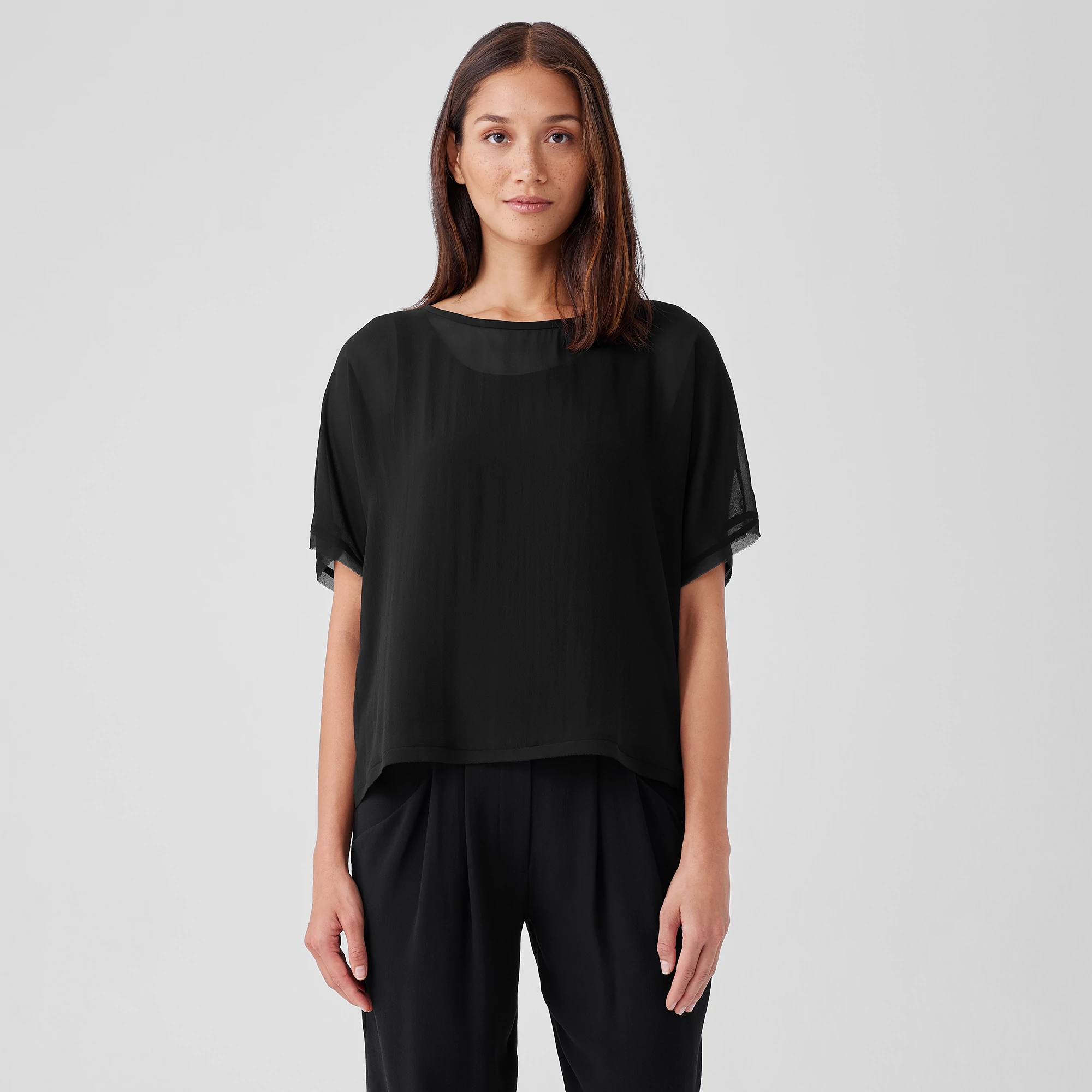 eileen fisher scoop neck silk tee with sheer border