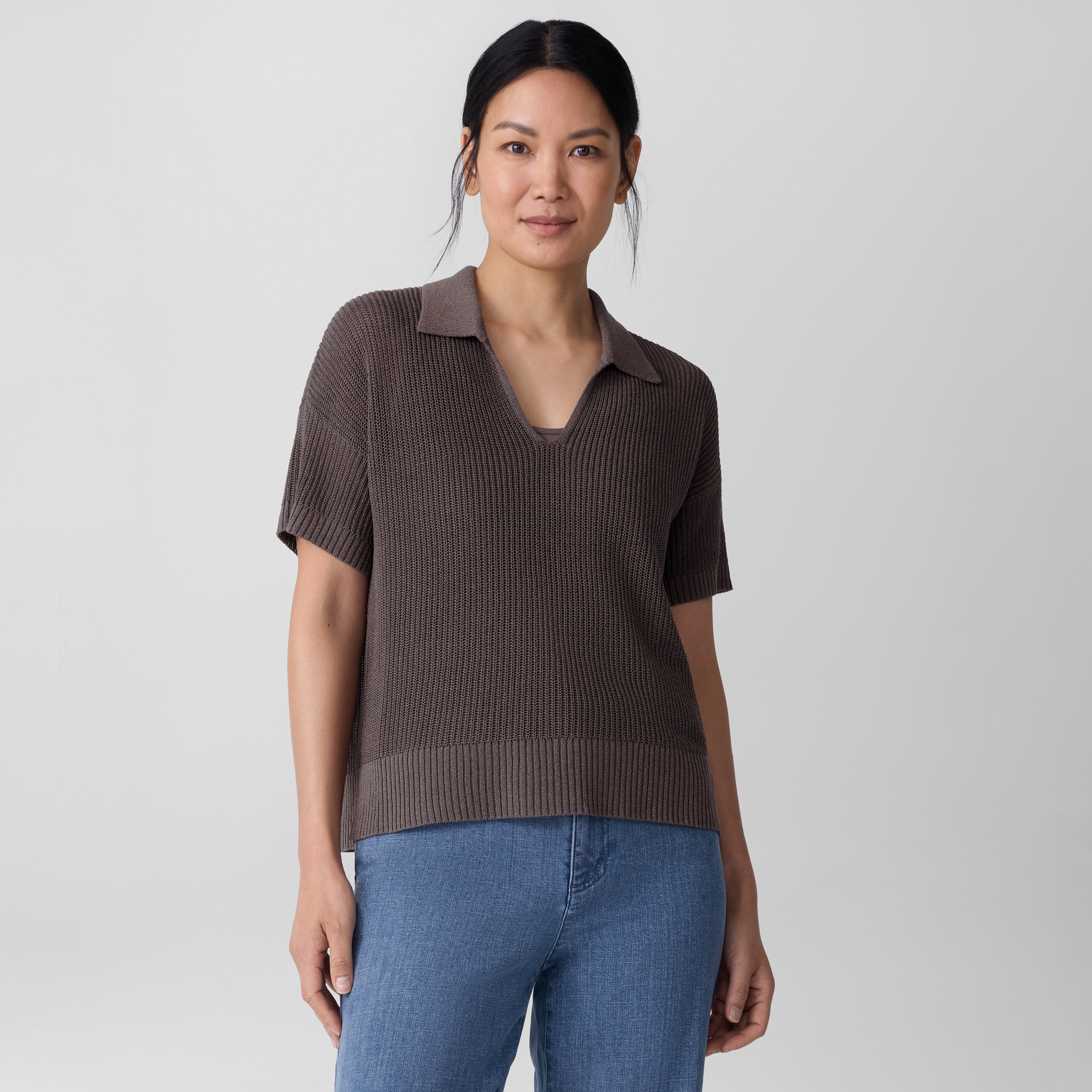 Cotton Silk Cord Split Neck Top